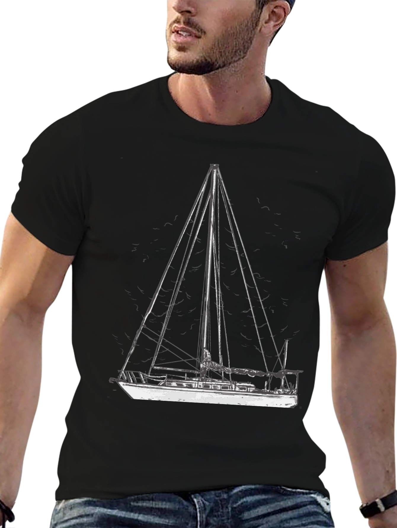 Nautical Sailboat Graphic T-Shirt - Black Cotton Tee