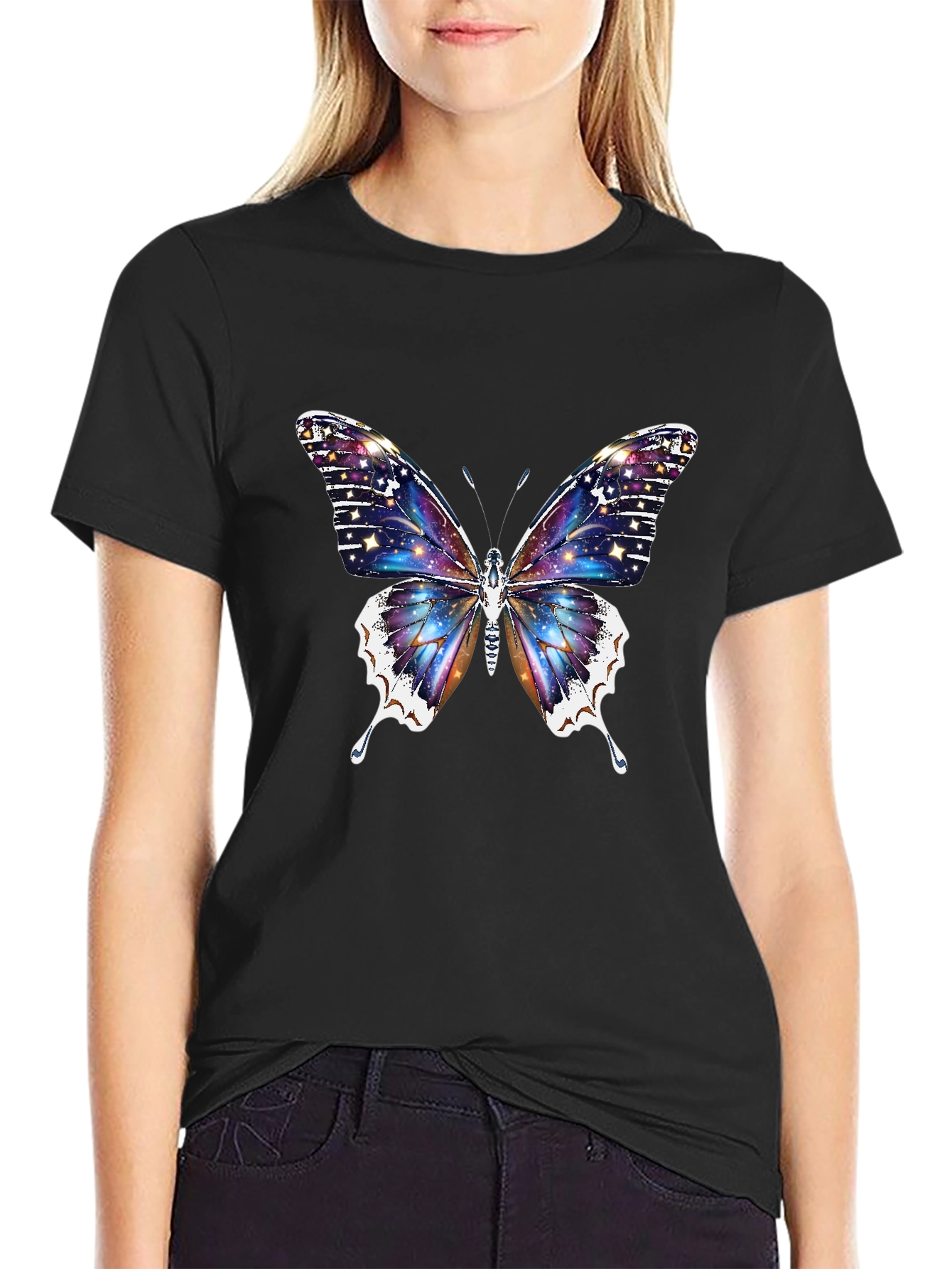 Galaxy Butterfly Graphic Black T-Shirt