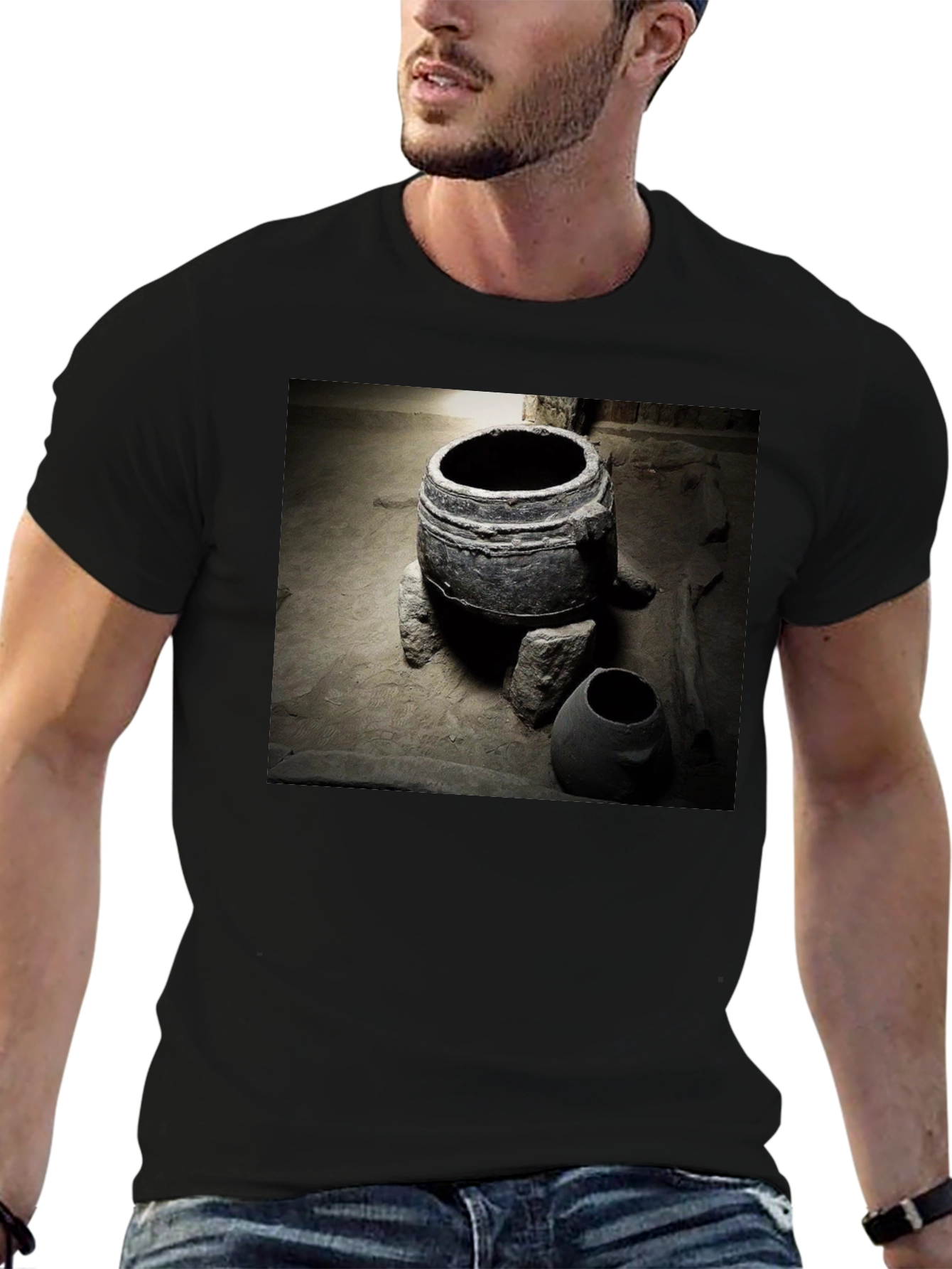 Ancient Pottery Print Tee - Unique Black T-Shirt