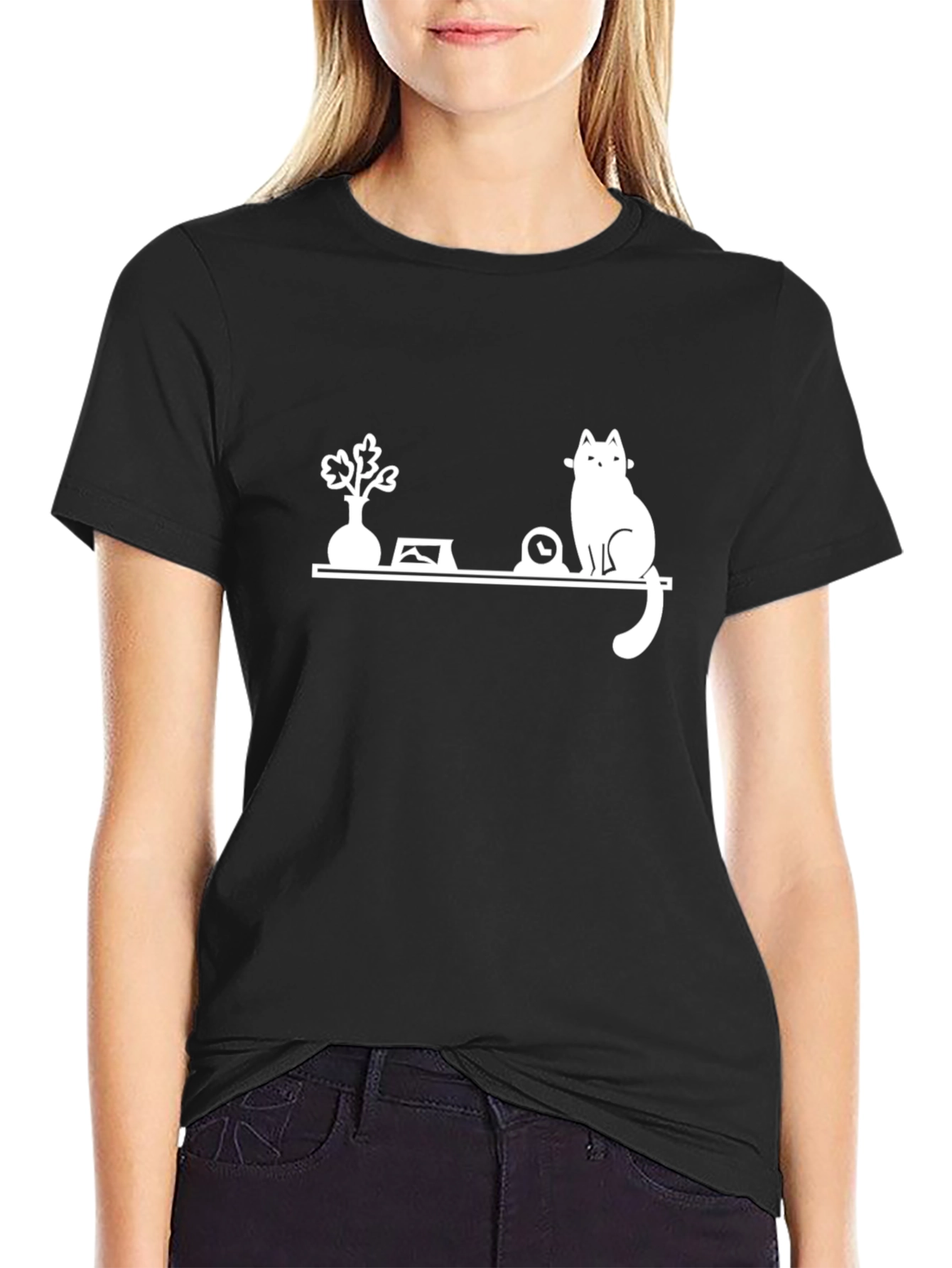 Cat Shelf Graphic Tee - Stylish Black T-Shirt