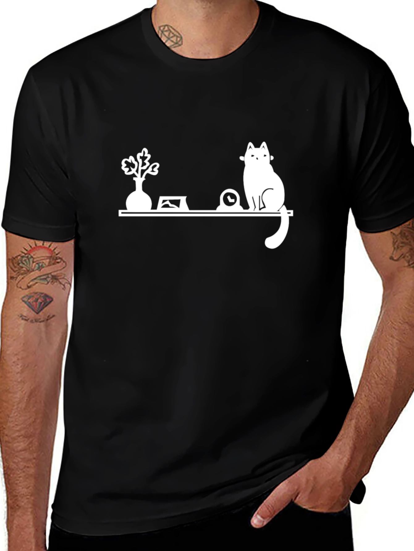 Cat Shelf Graphic Tee - Stylish Black T-Shirt