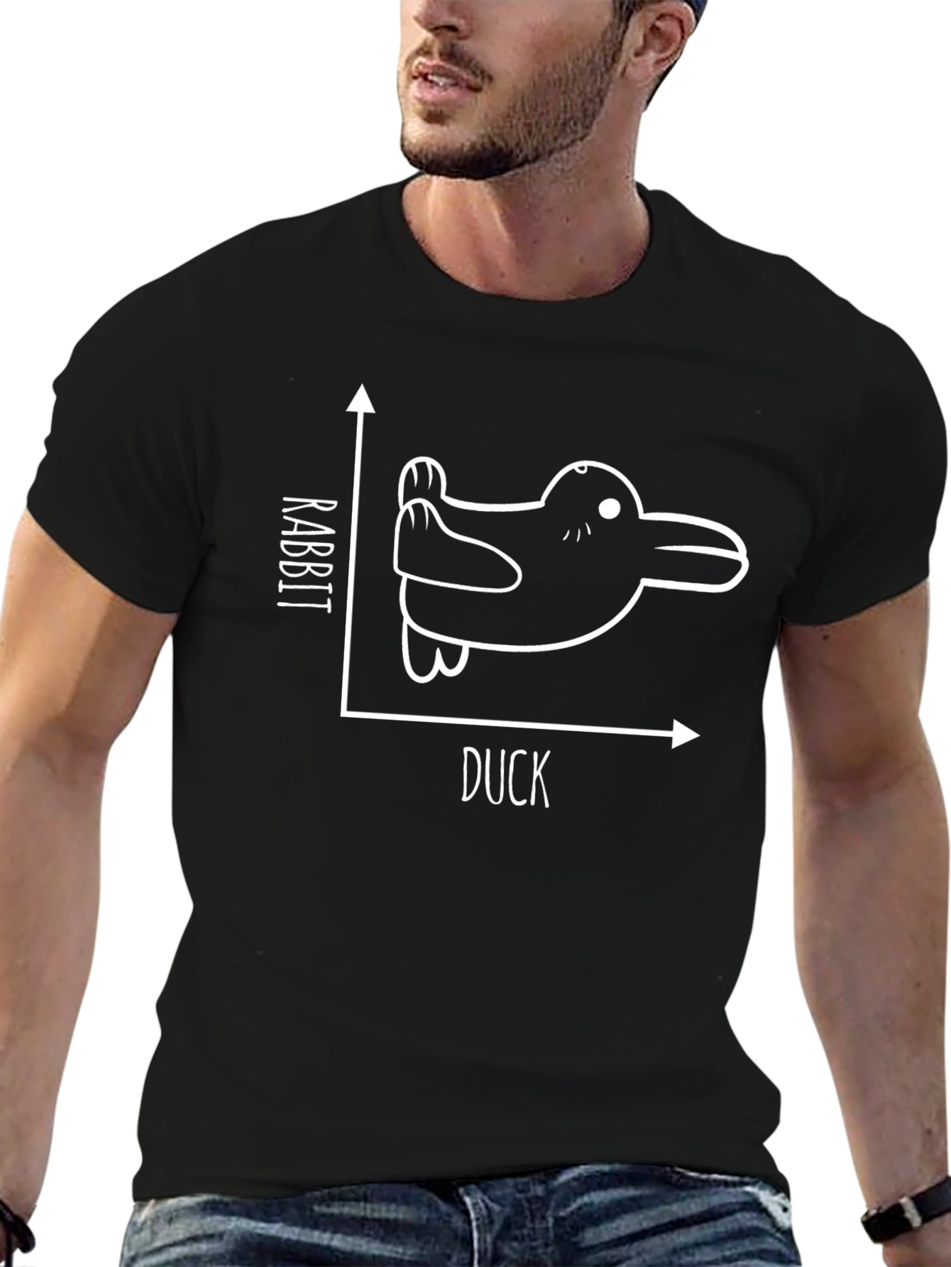 Rabbit Duck Illusion Graphic Tee - Black Cotton T-Shirt