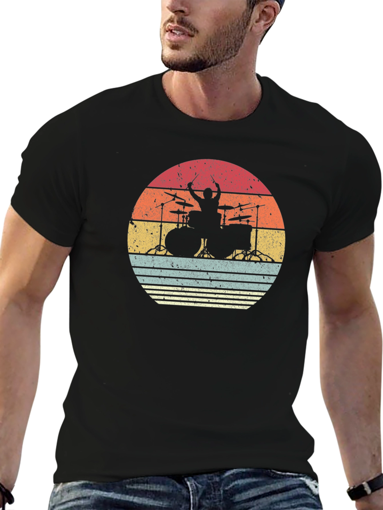 Retro Drummer Sunset T-Shirt - Music Lover Tee