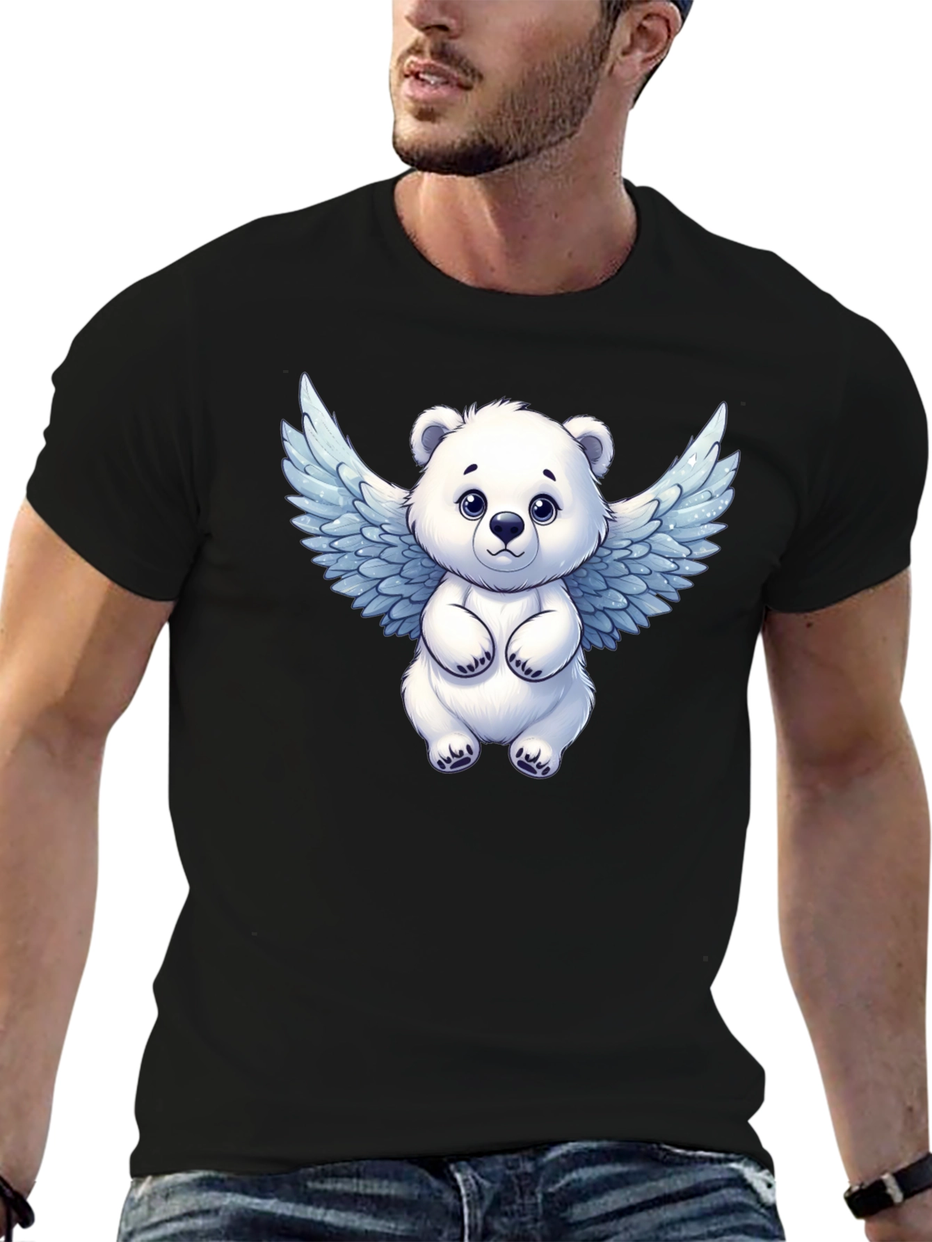 Cute Angel Bear Graphic Tee - Black