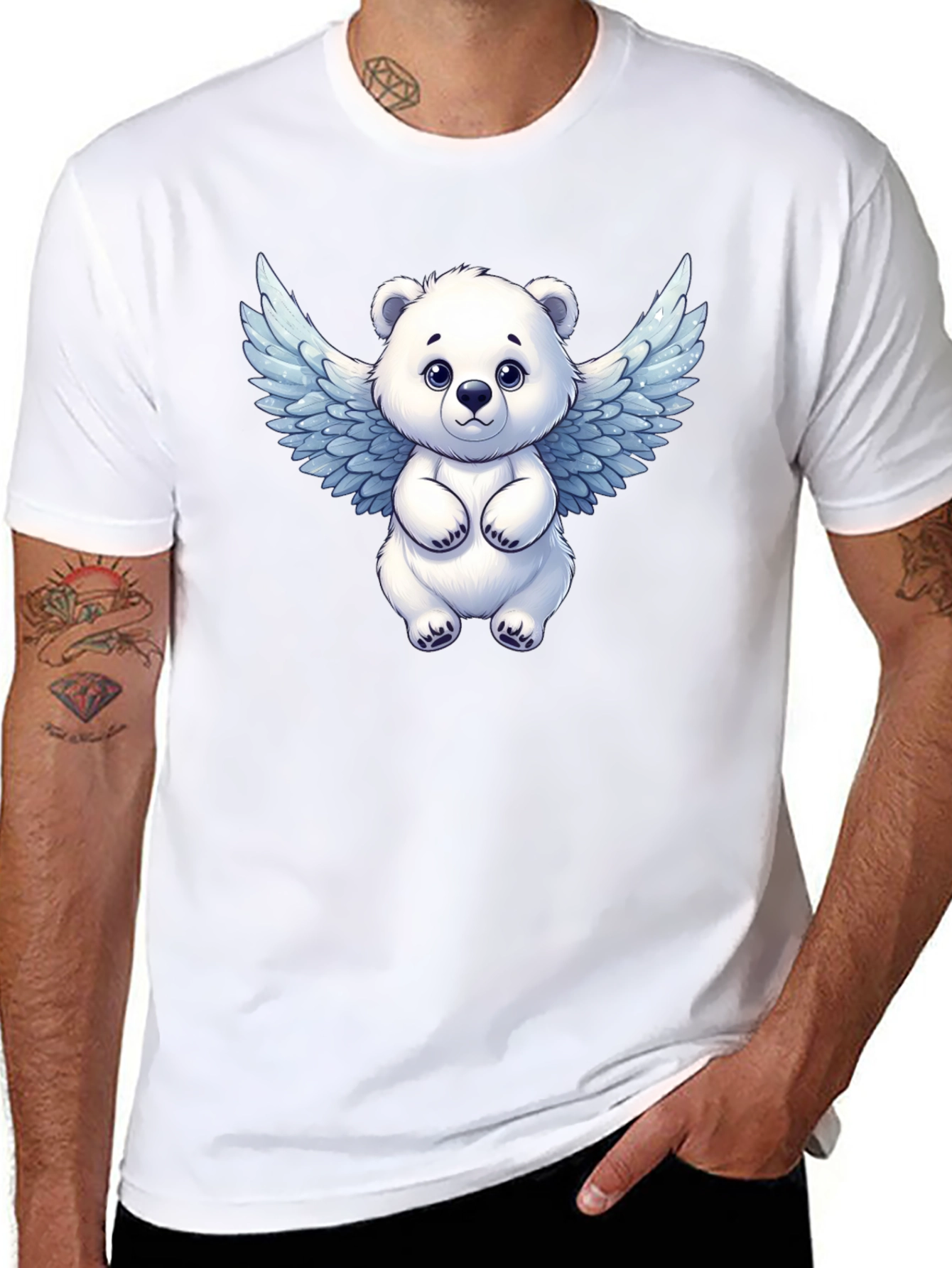 Cute Angel Bear Graphic Tee - Black