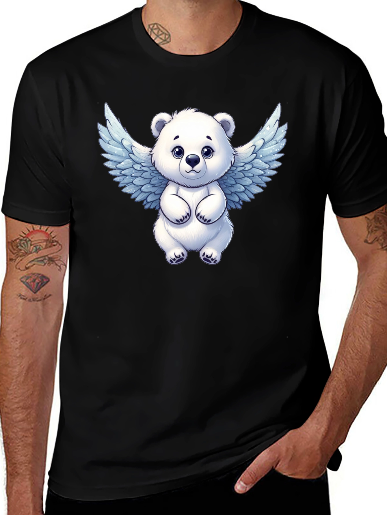 Cute Angel Bear Graphic Tee - Black