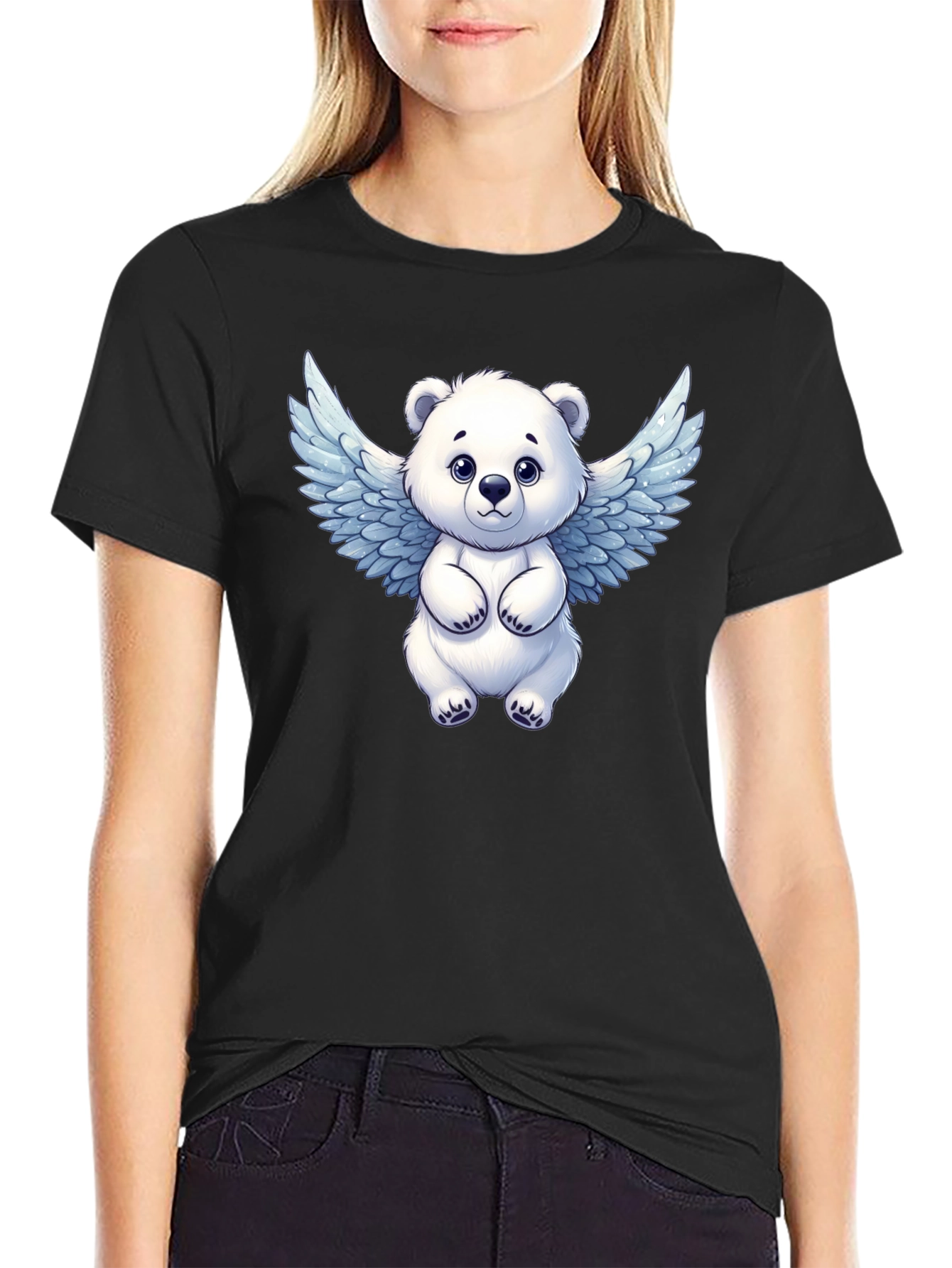 Cute Angel Bear Graphic Tee - Black
