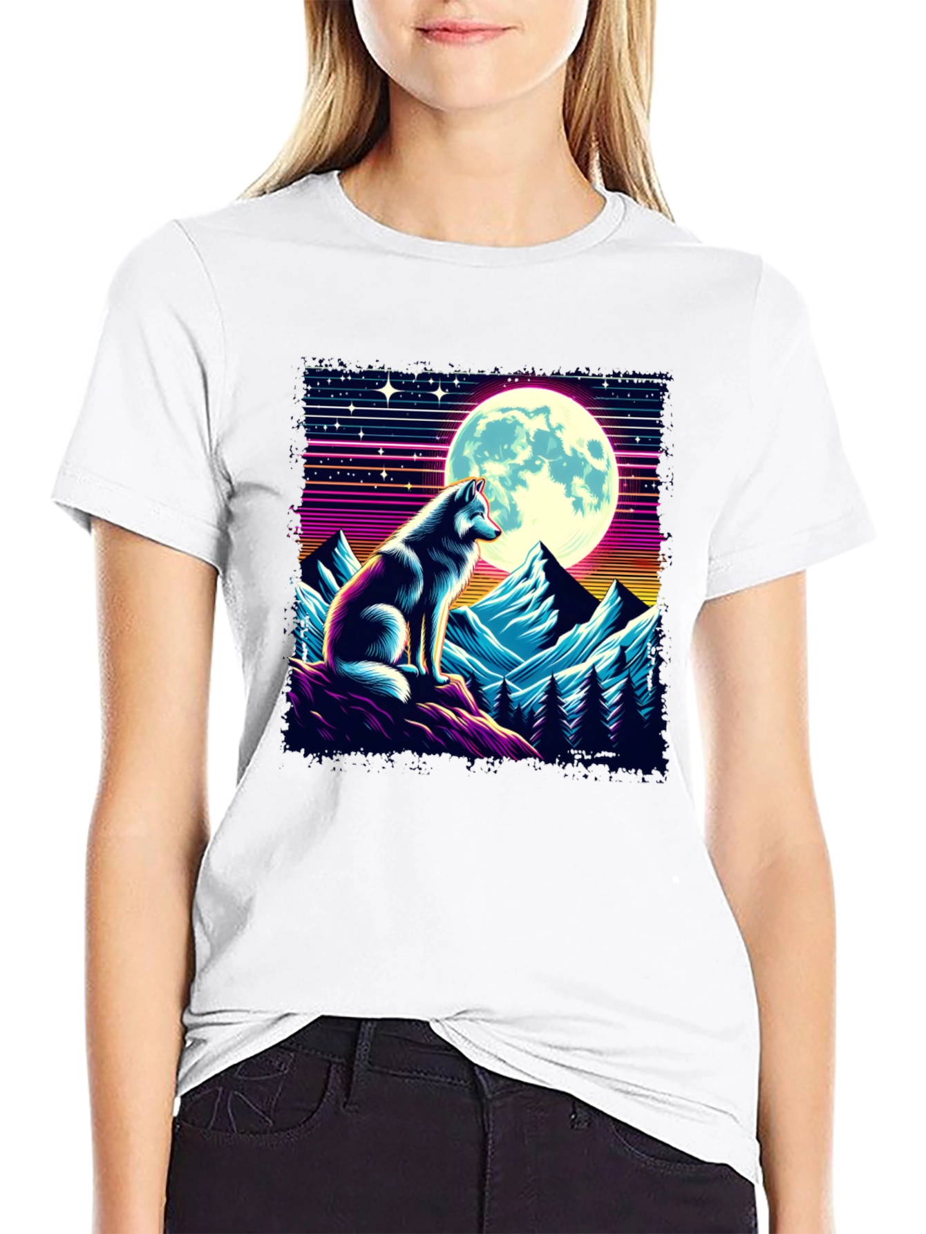 Retro Wolf Moon Graphic Tee - Black T-Shirt