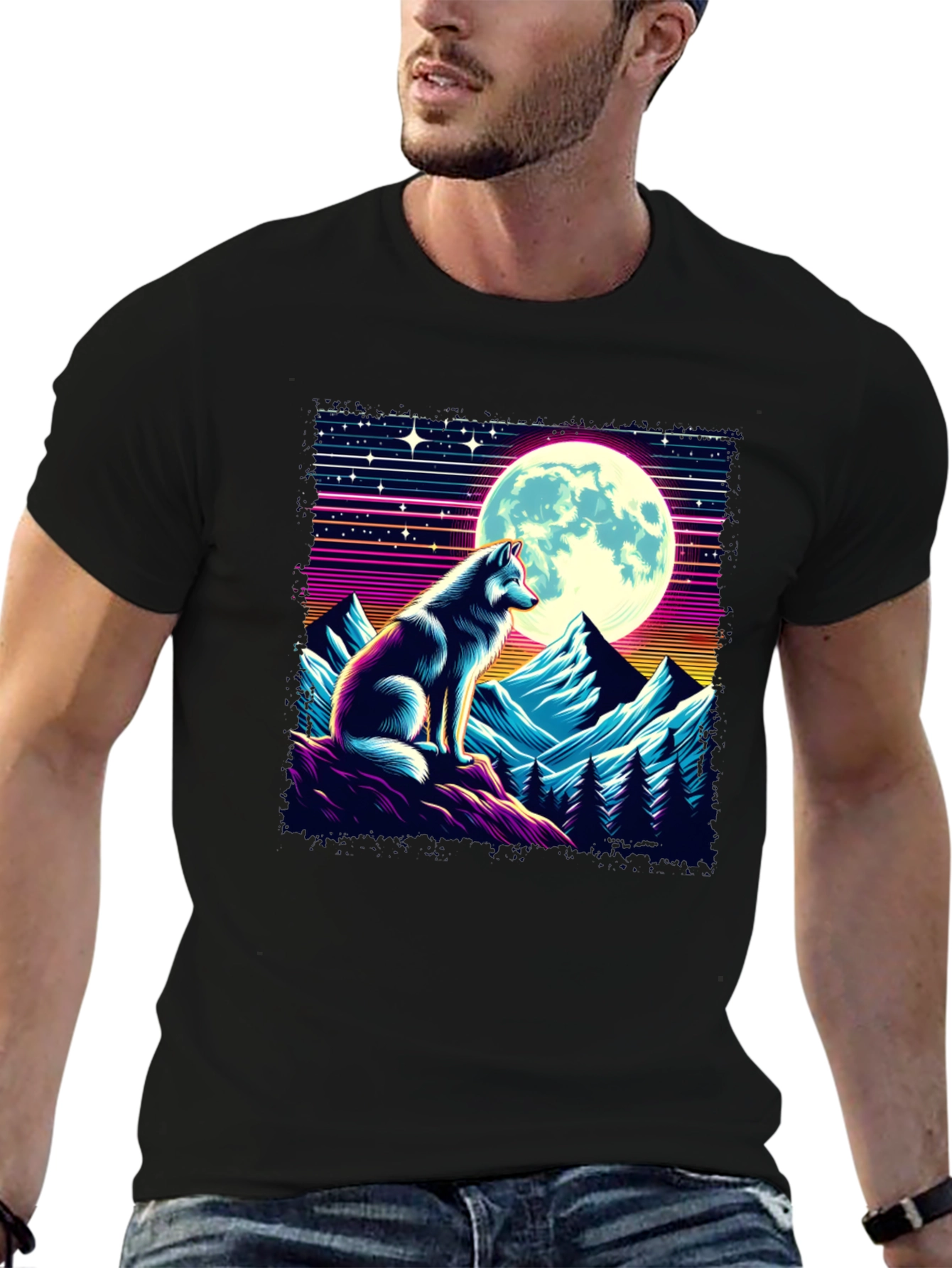 Retro Wolf Moon Graphic Tee - Black T-Shirt