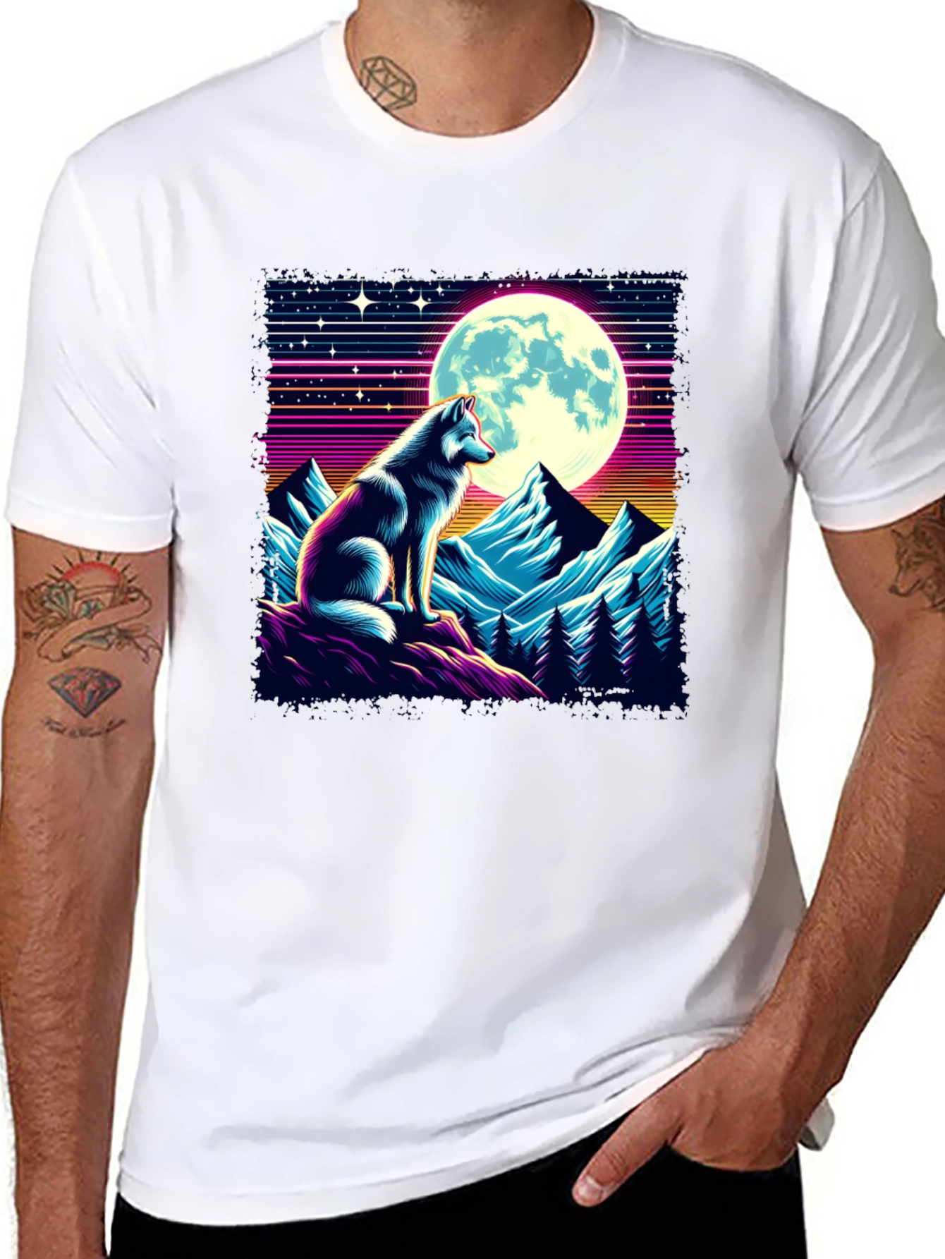 Retro Wolf Moon Graphic Tee - Black T-Shirt