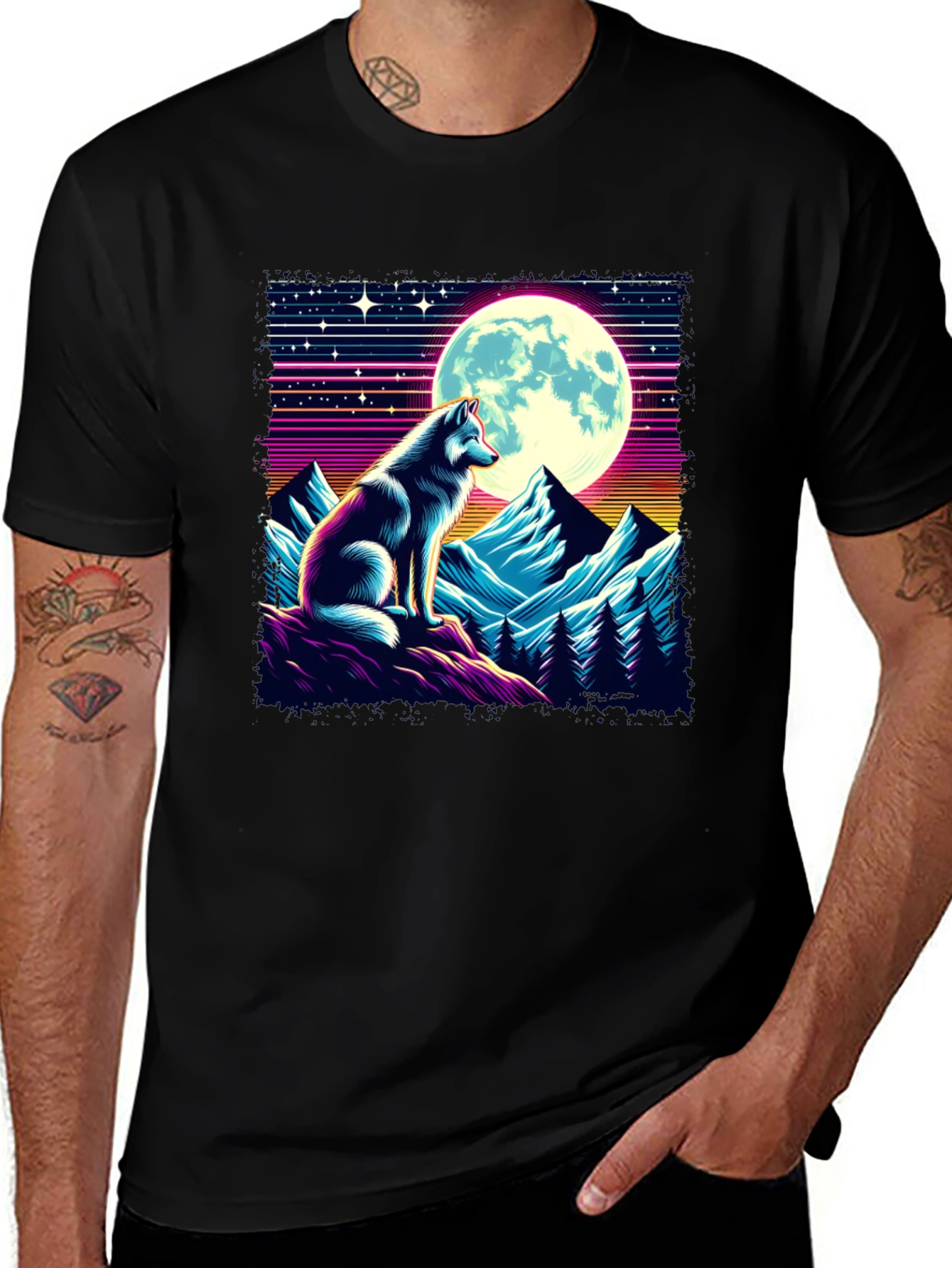 Retro Wolf Moon Graphic Tee - Black T-Shirt