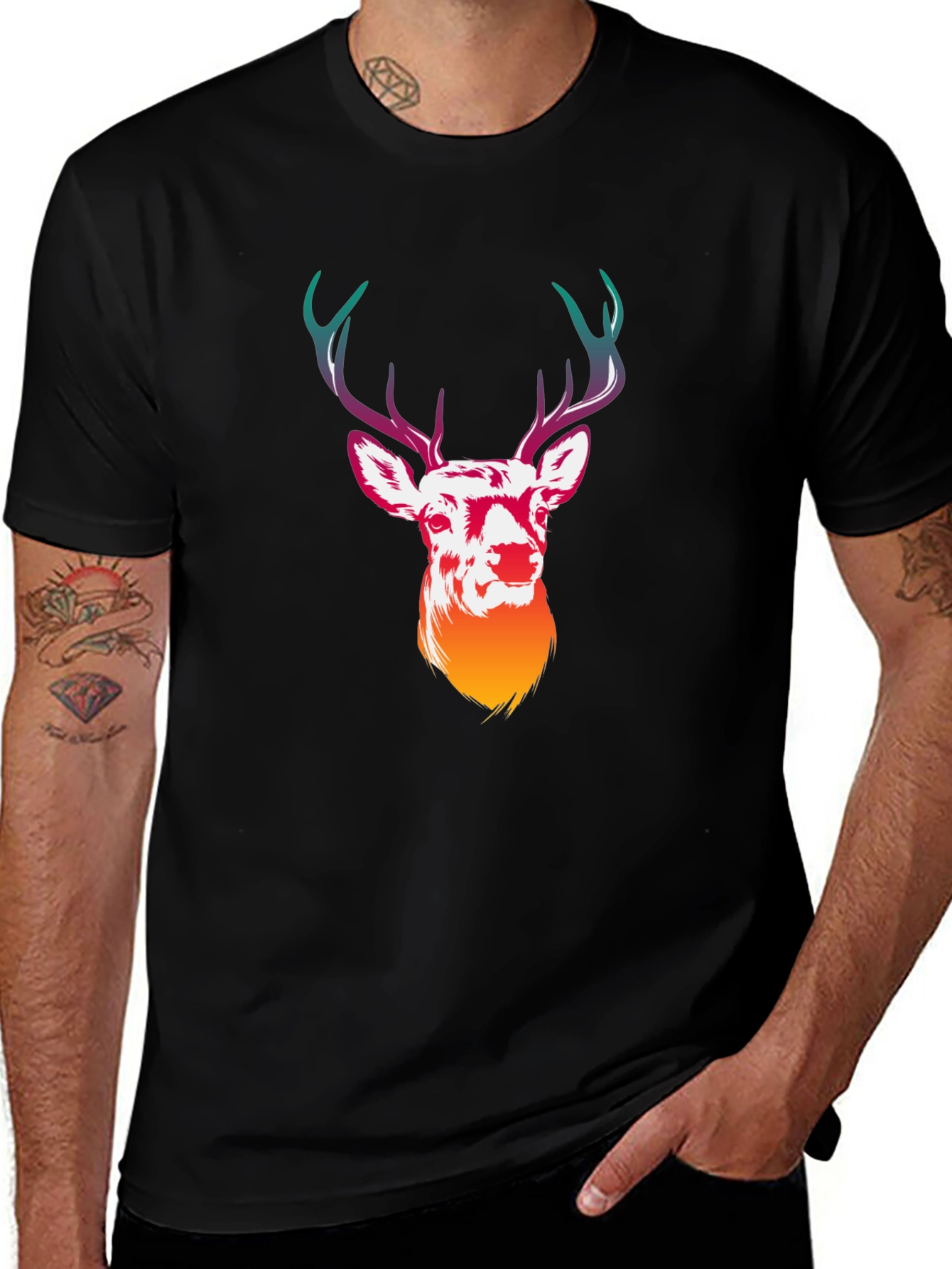 Deer Graphic Tee - Mens Black Crew Neck T-Shirt