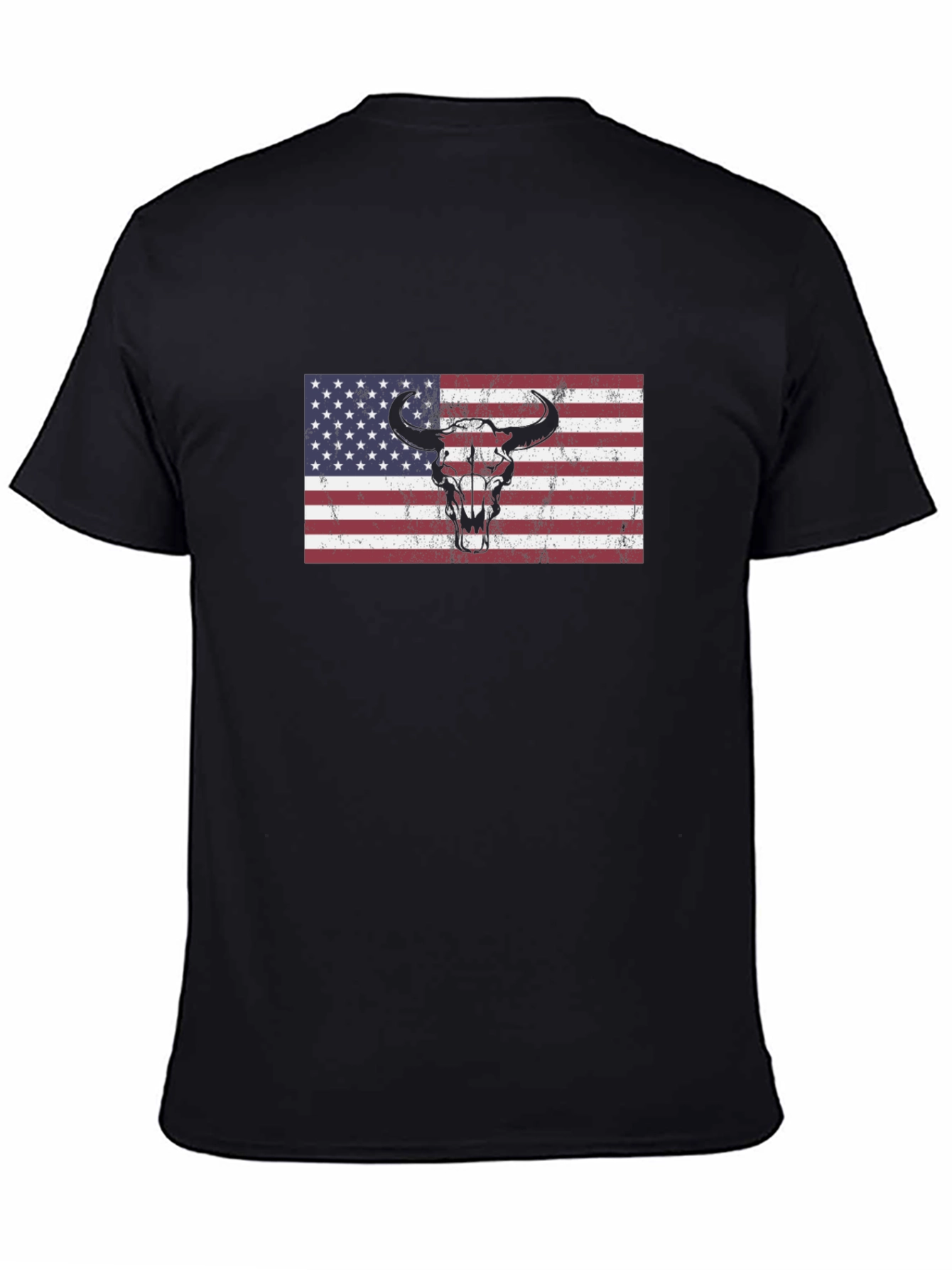 American Flag Bull Skull Graphic Tee - Black