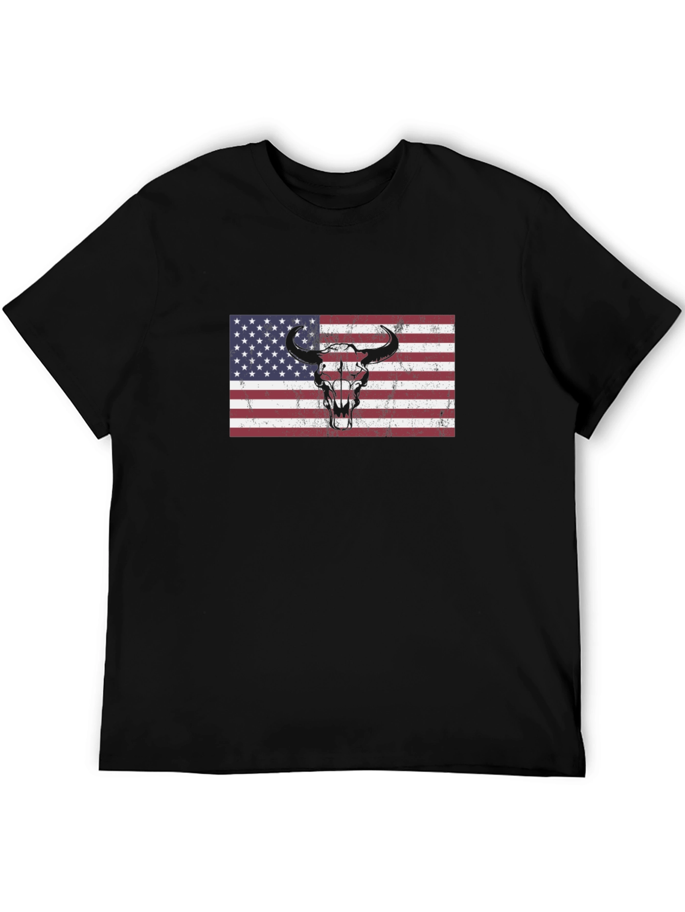 American Flag Bull Skull Graphic Tee - Black