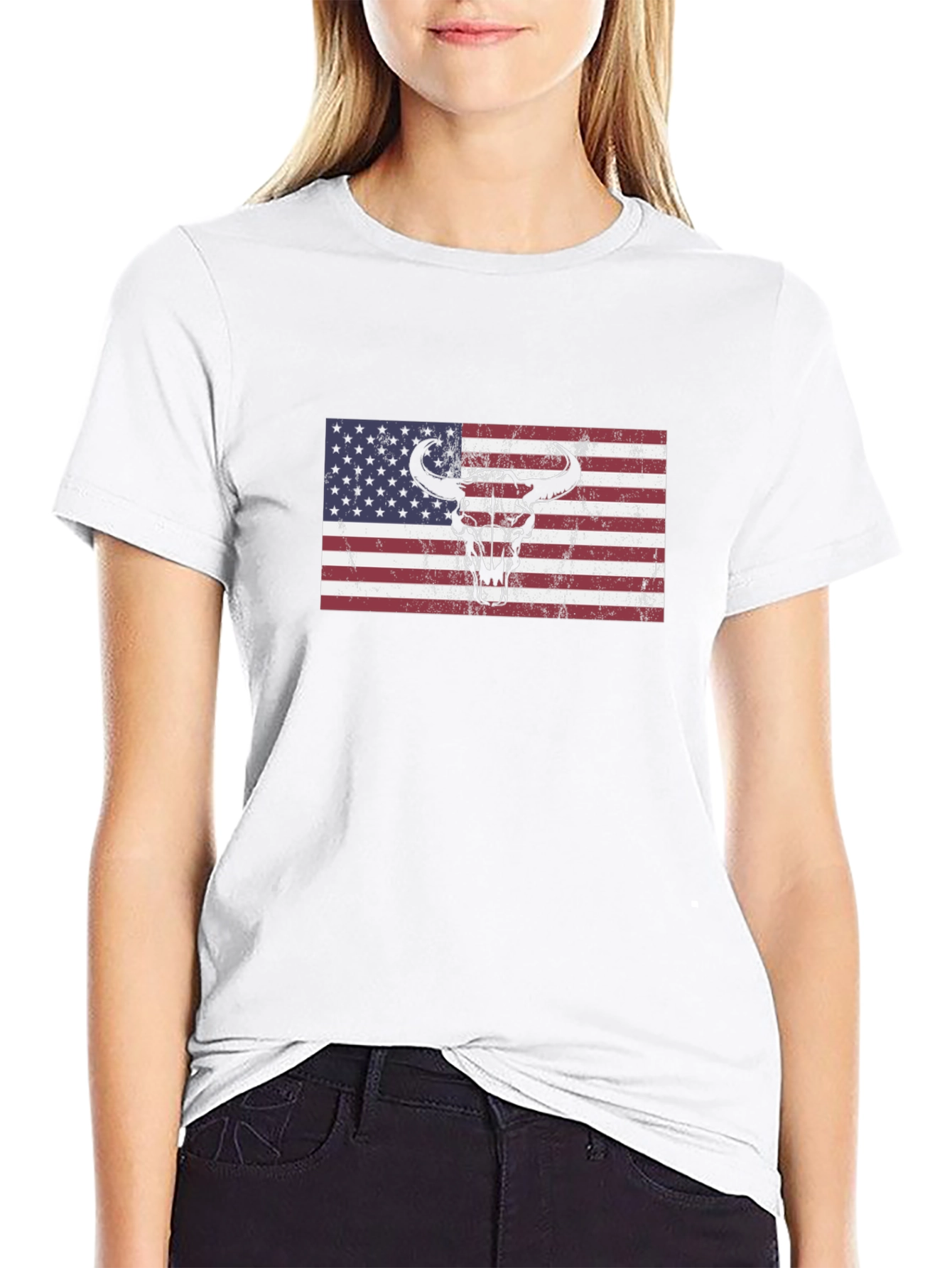American Flag Bull Skull Graphic Tee - Black
