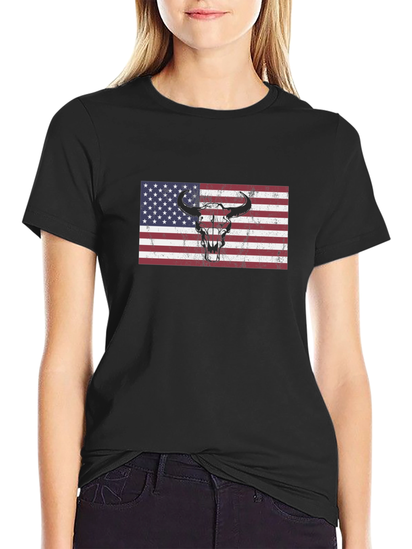American Flag Bull Skull Graphic Tee - Black