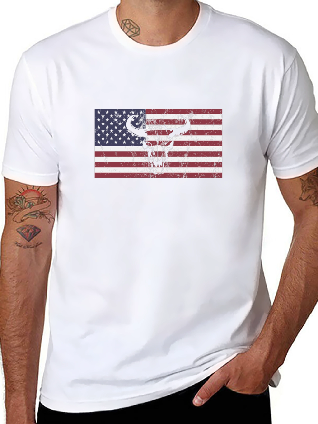 American Flag Bull Skull Graphic Tee - Black