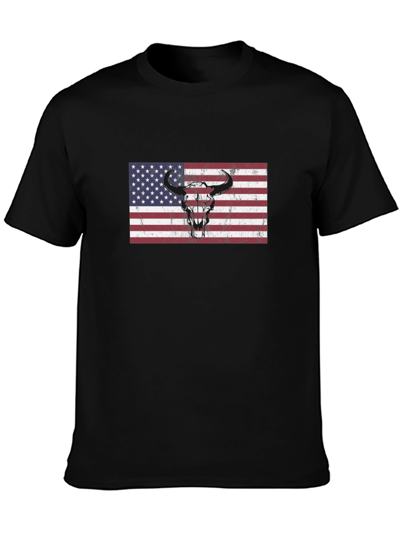 American Flag Bull Skull Graphic Tee - Black