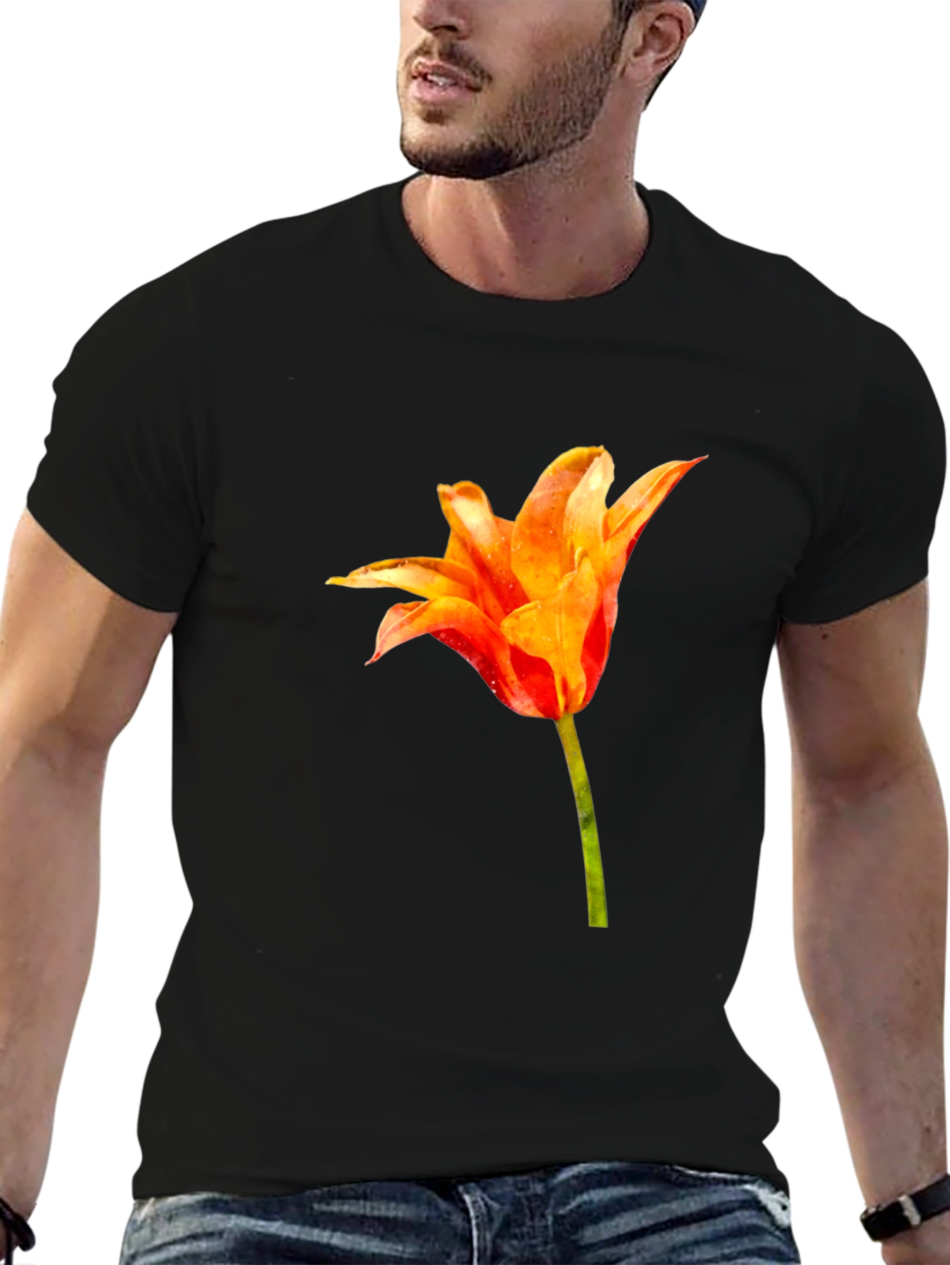 Tulip Flower Graphic Black T-Shirt