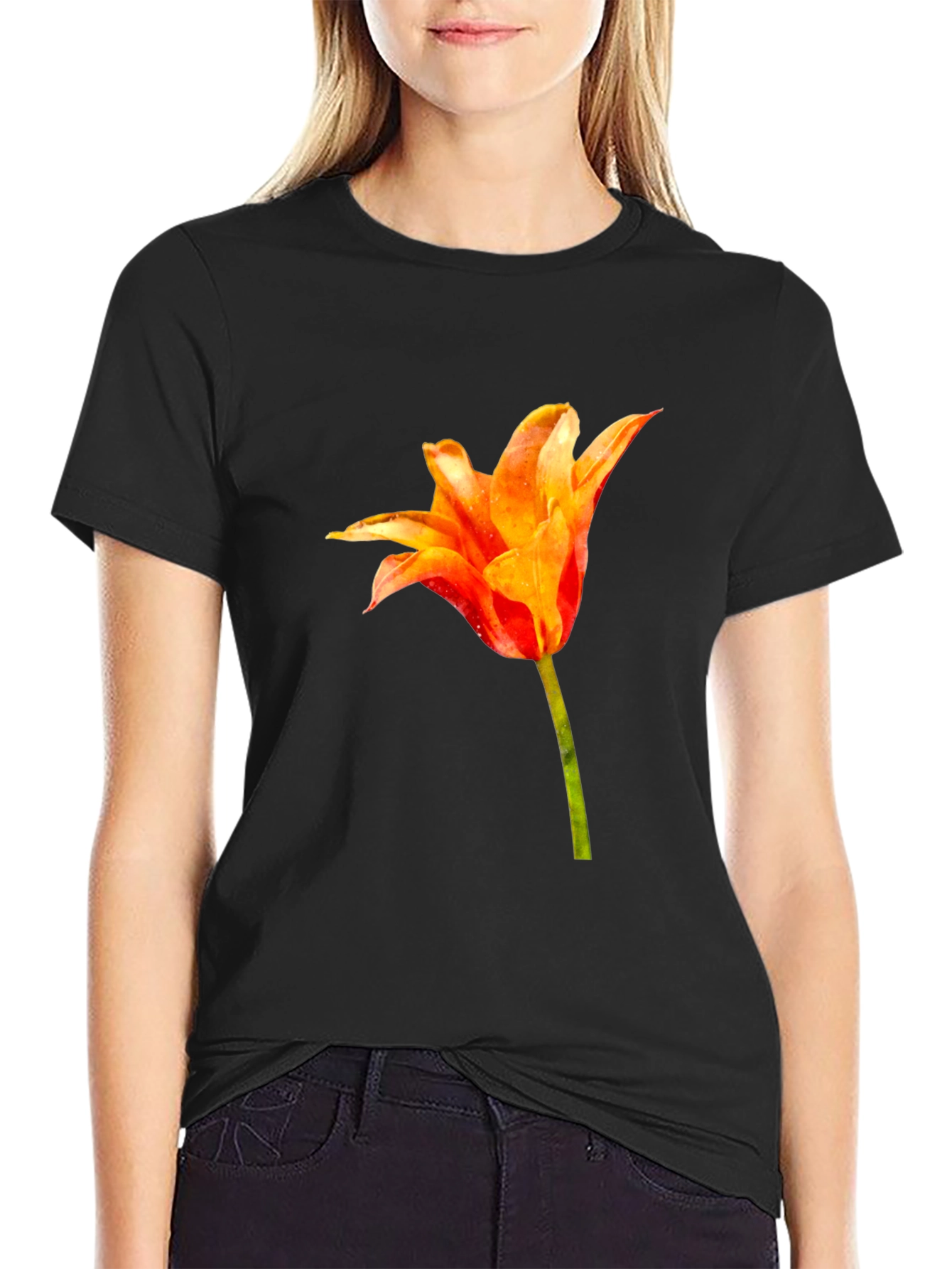 Tulip Flower Graphic Black T-Shirt