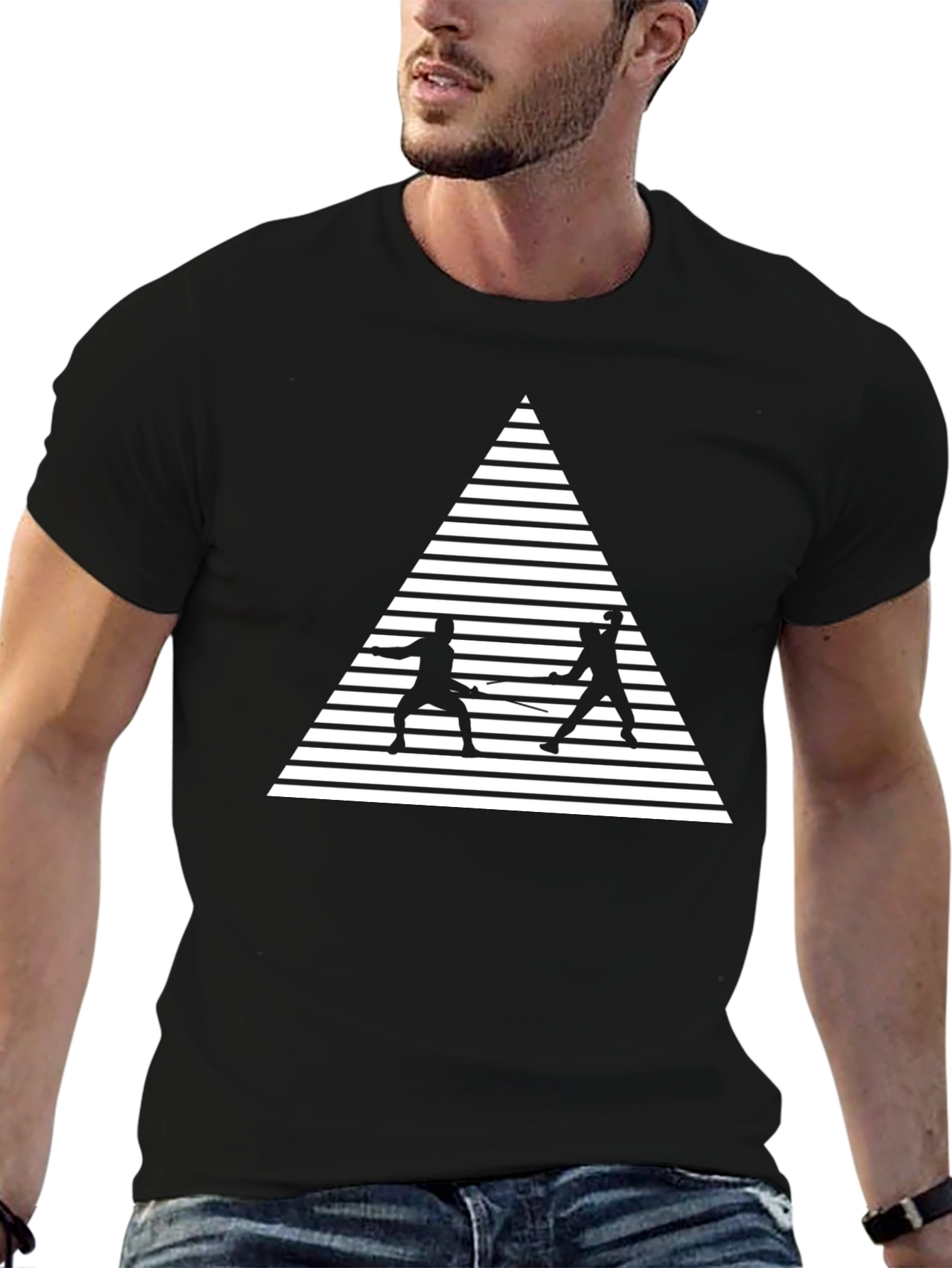Fencing Triangle Graphic Tee - Black Cotton Shirt