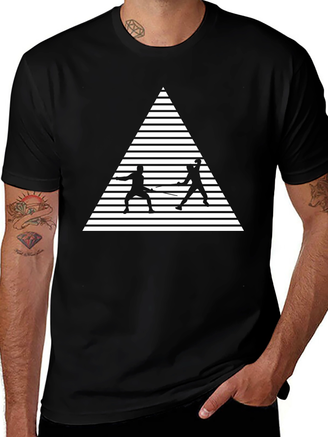 Fencing Triangle Graphic Tee - Black Cotton Shirt