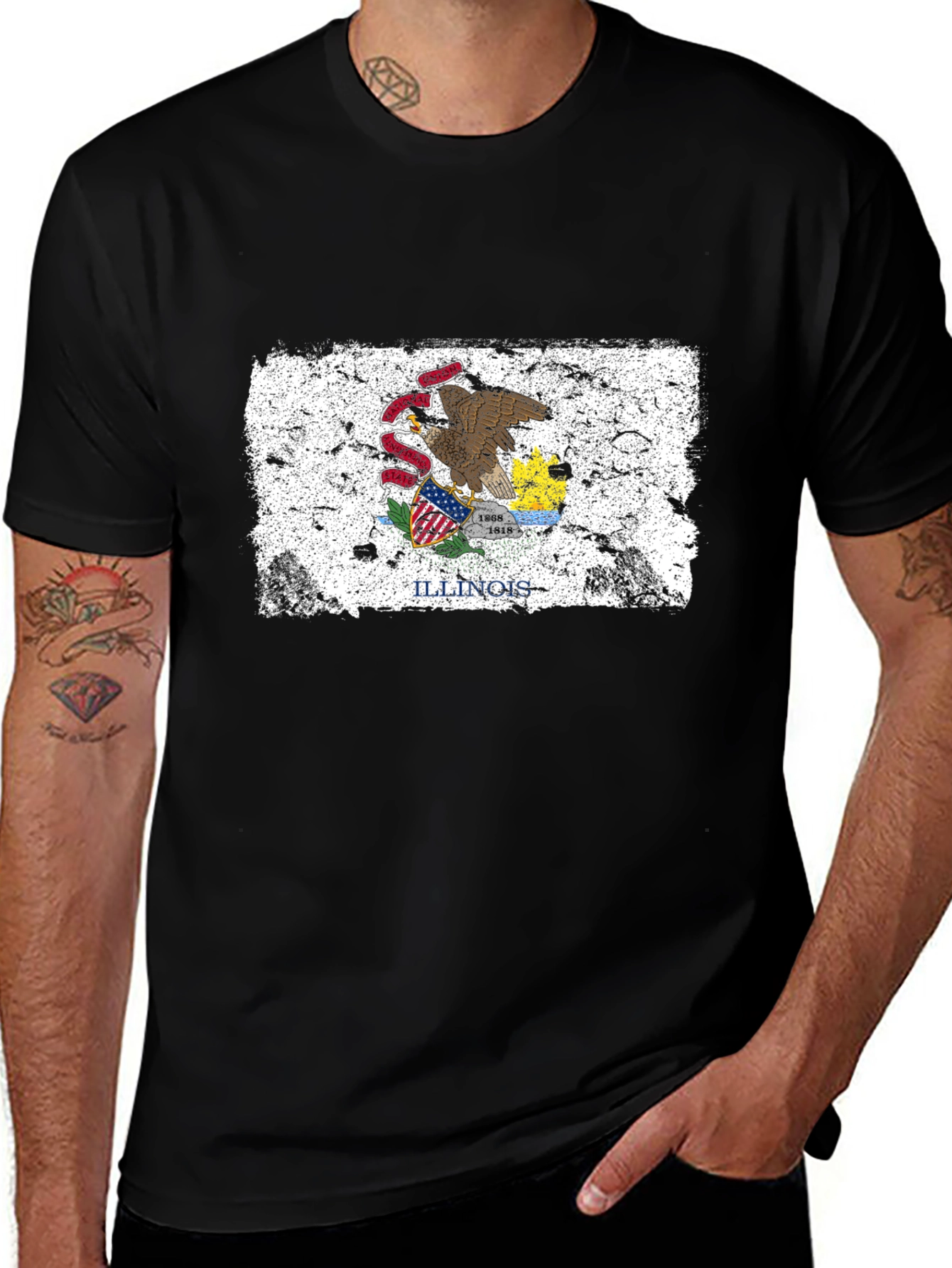 Illinois Flag Grunge Style Black T-Shirt