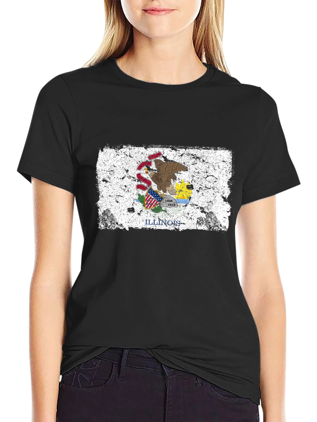 Illinois Flag Grunge Style Black T-Shirt