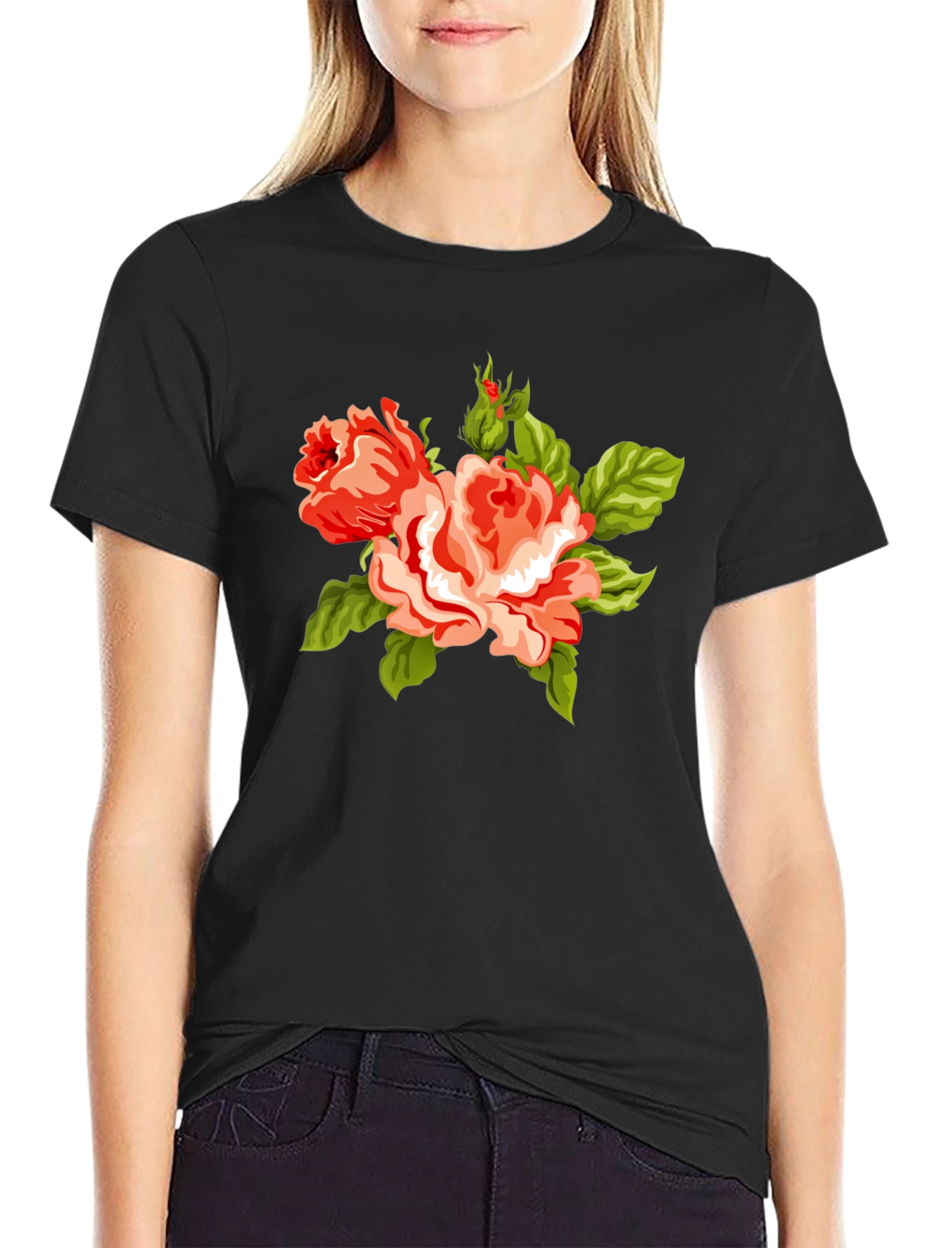 Floral Roses Graphic Black Tee