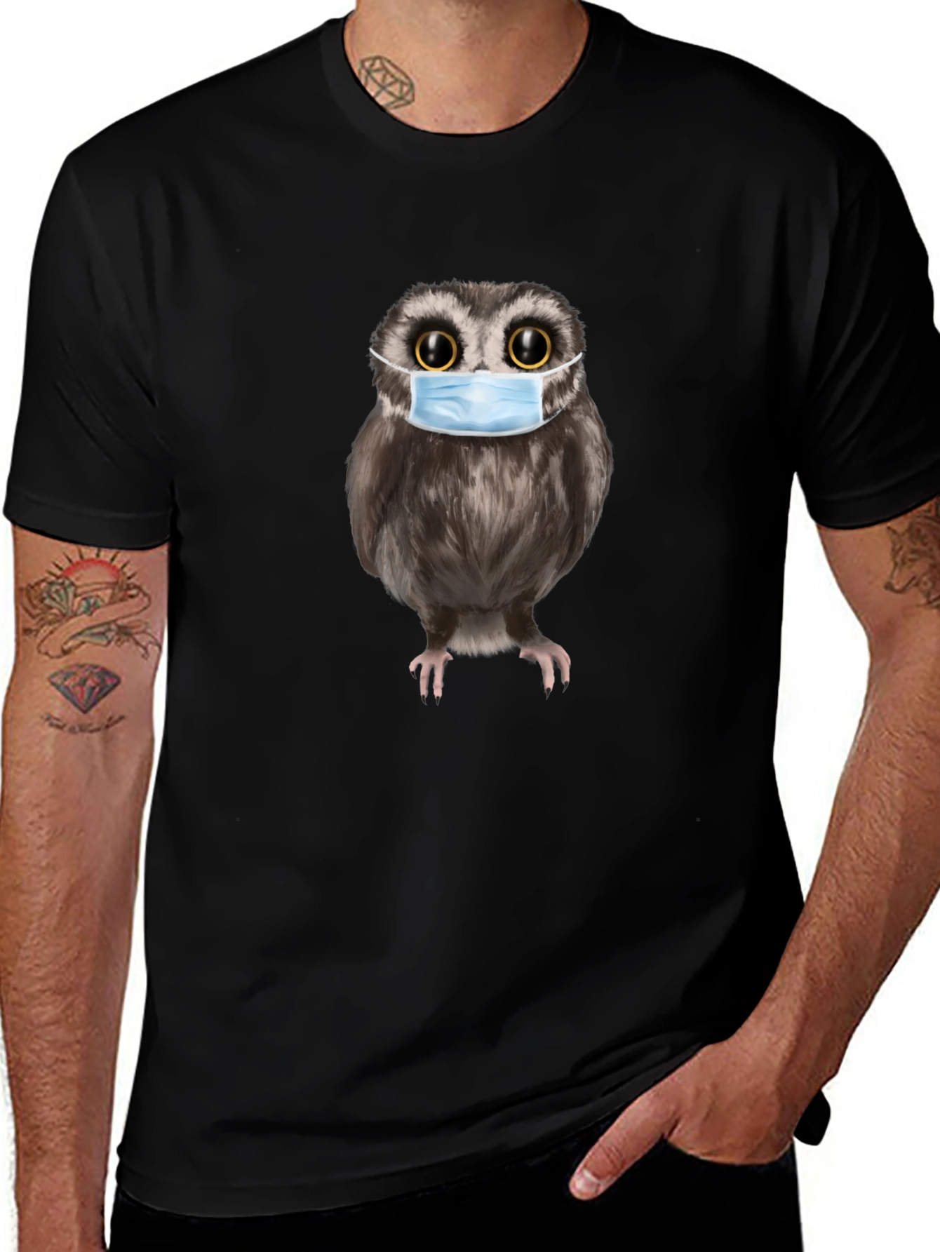 Owl With Mask Black T-Shirt