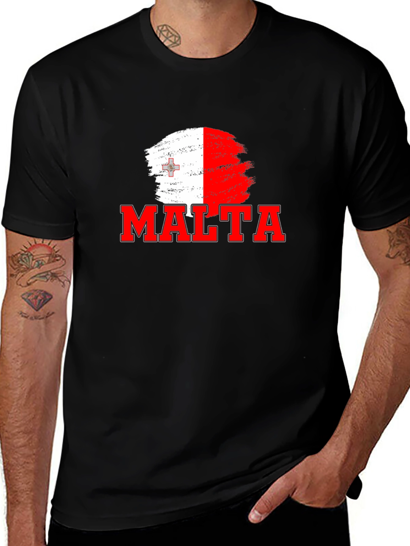 Malta Flag Brushstroke Graphic Black T-Shirt