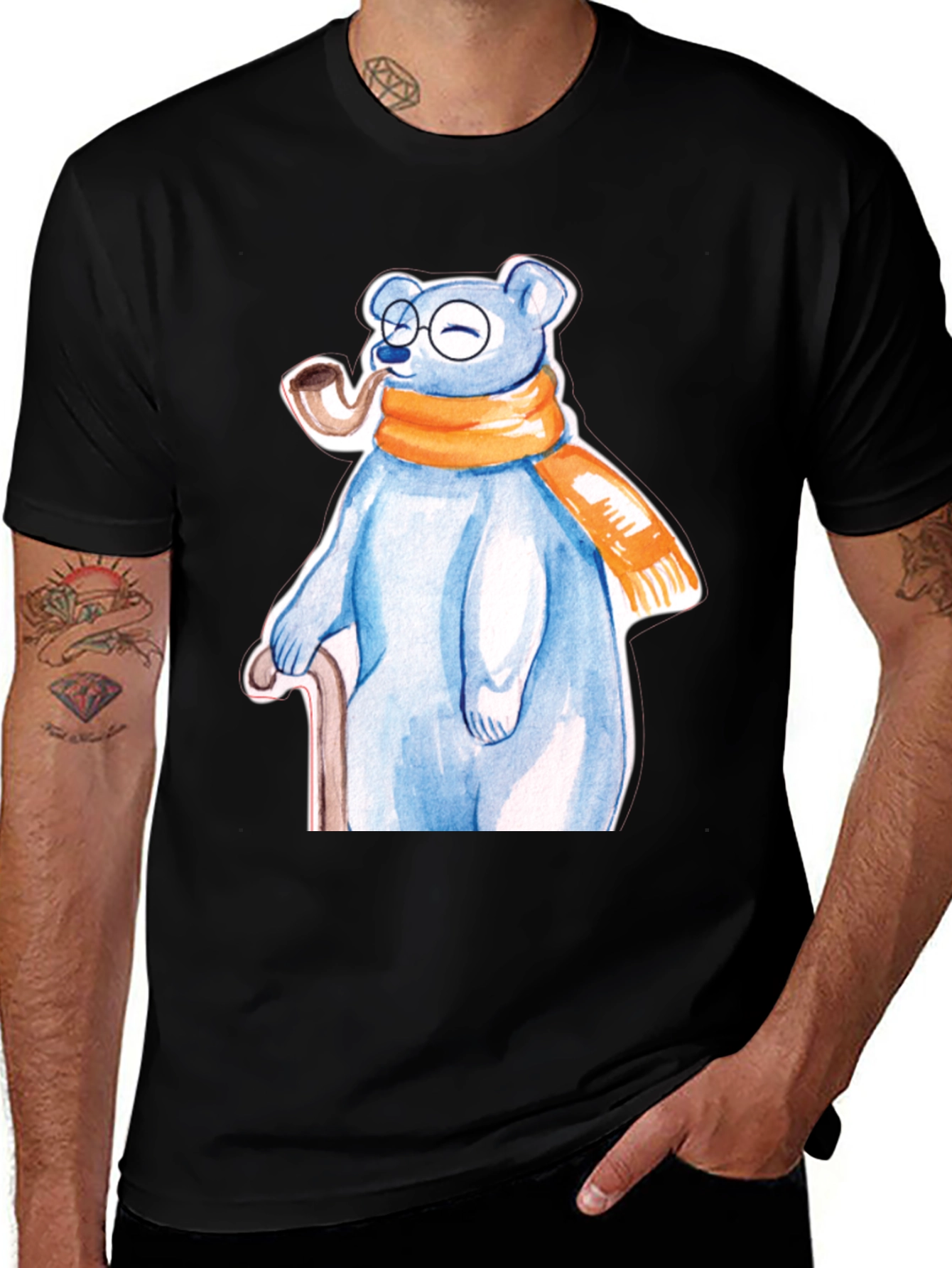 Bear with Pipe Graphic Tee - Unique T-Shirt