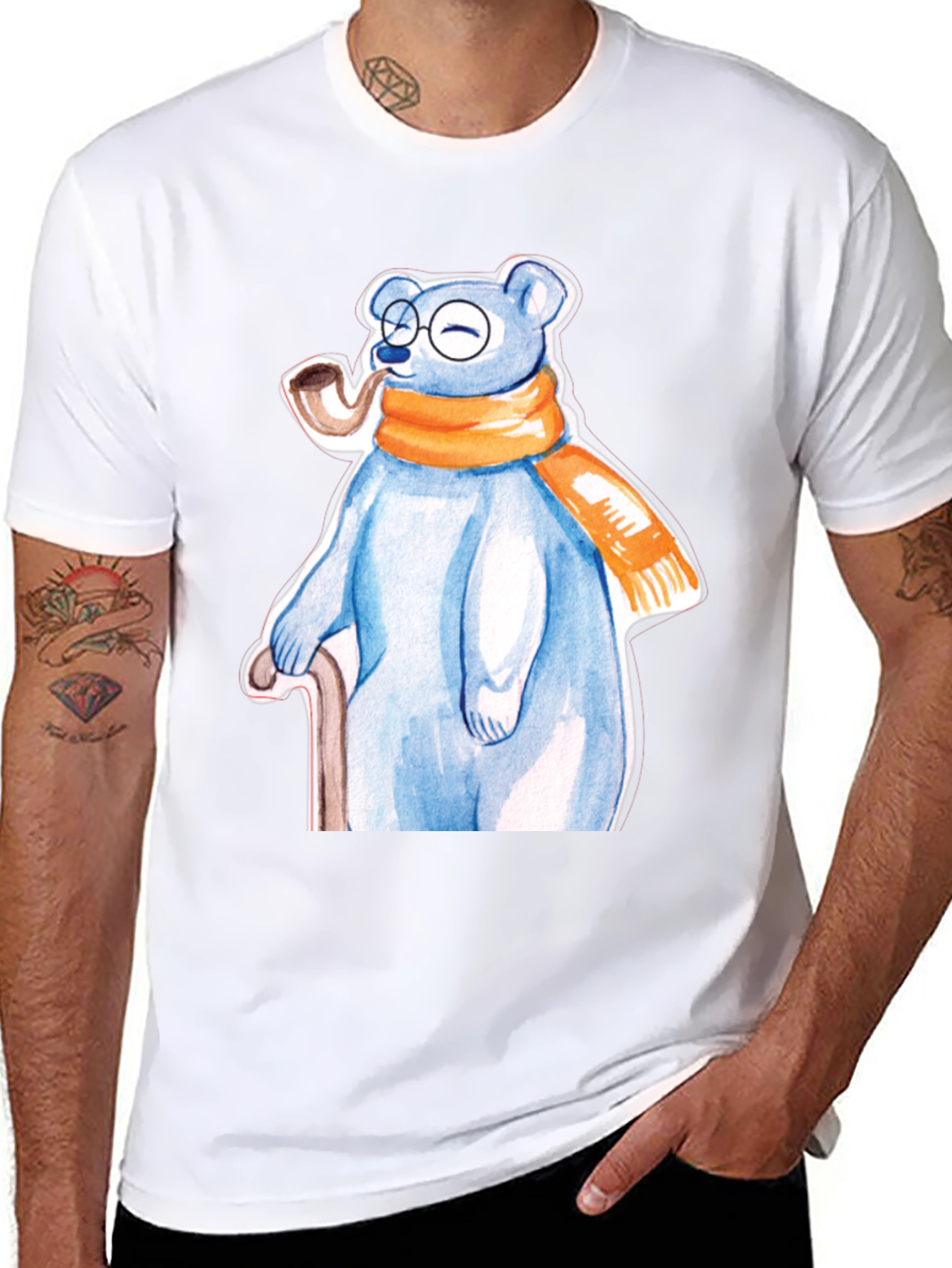 Bear with Pipe Graphic Tee - Unique T-Shirt