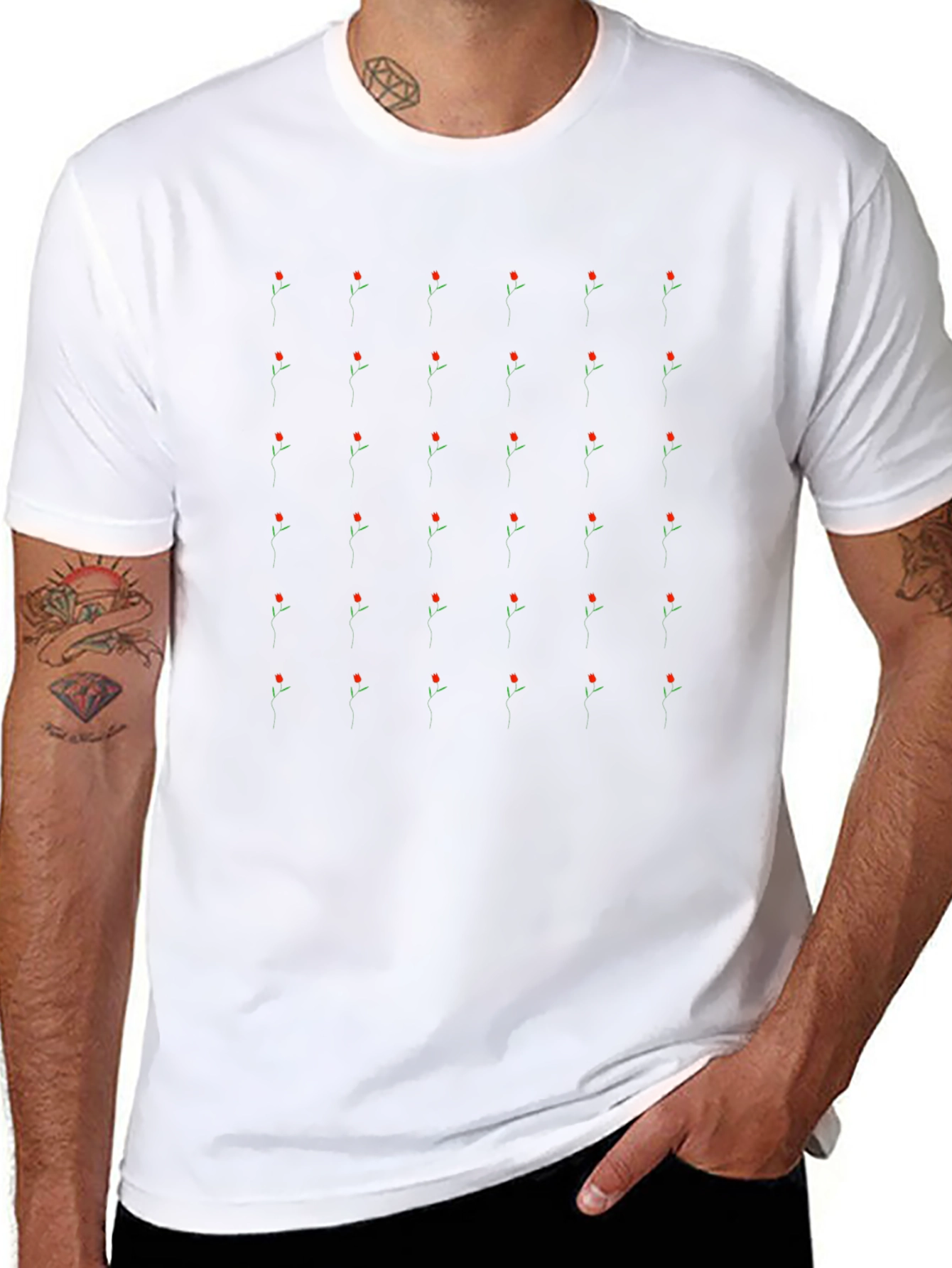Minimalist Roses Pattern Black T-Shirt