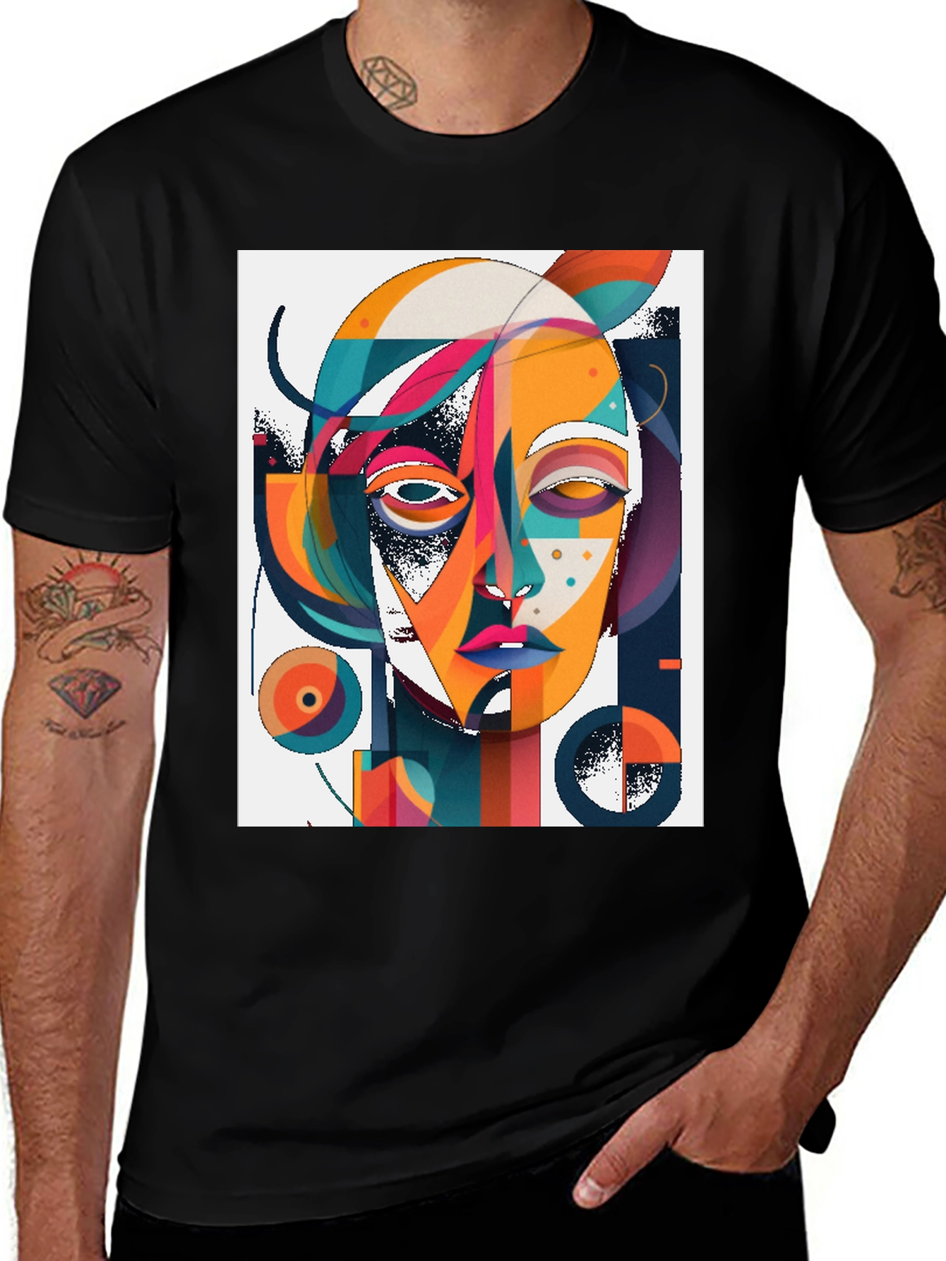 Abstract Face Graphic Black Tee - Artsy Unique Design