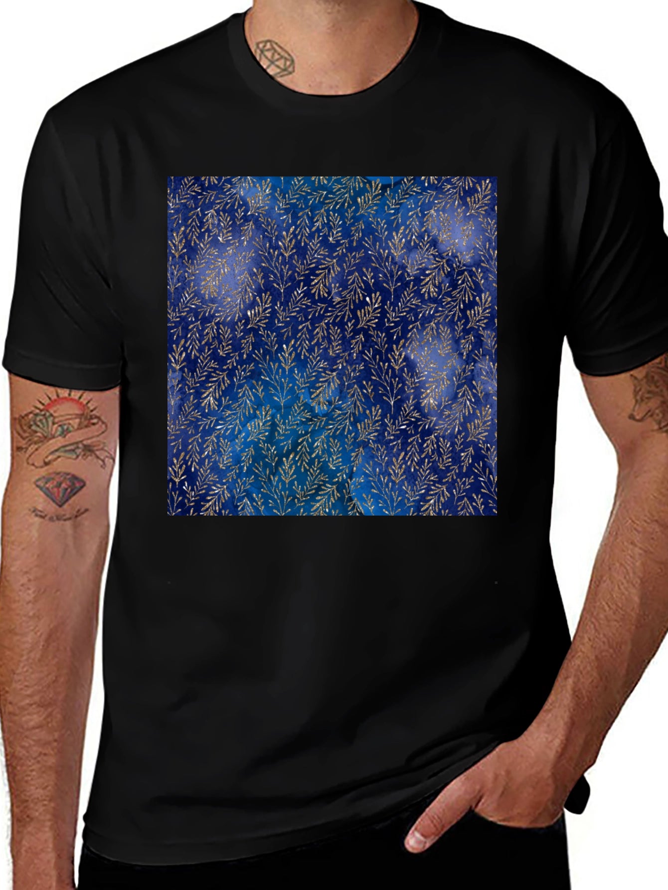 Navy & Gold Leaf Pattern T-Shirt