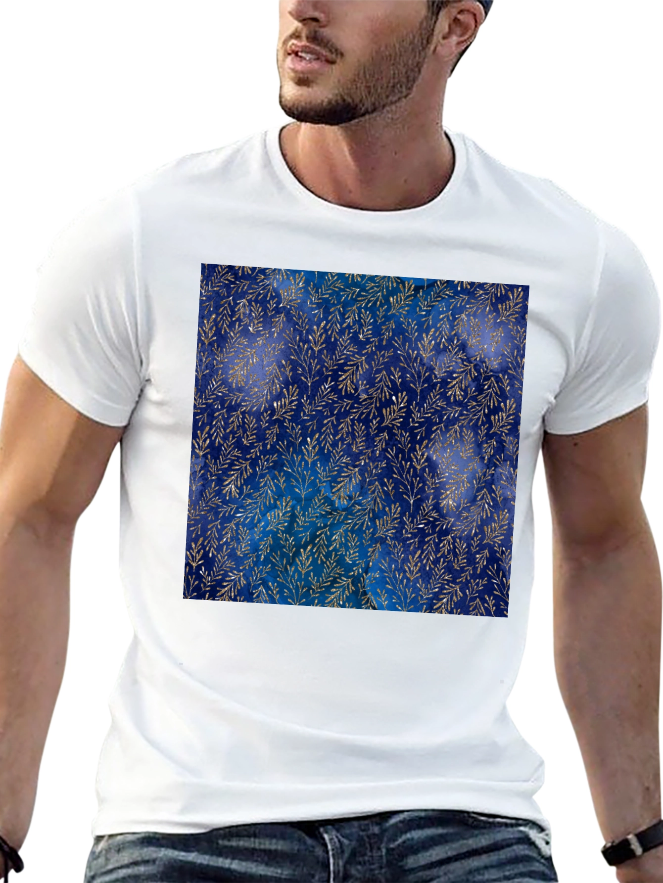 Navy & Gold Leaf Pattern T-Shirt