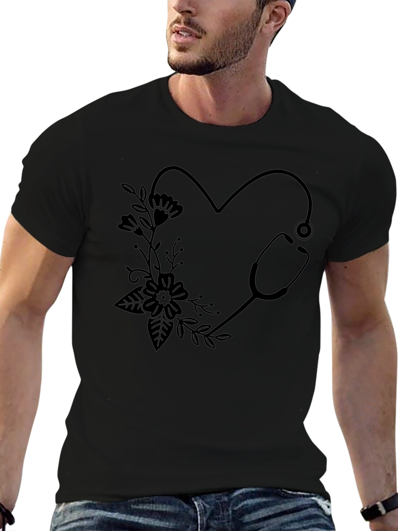 Nurse Heart Stethoscope Graphic Tee - Black