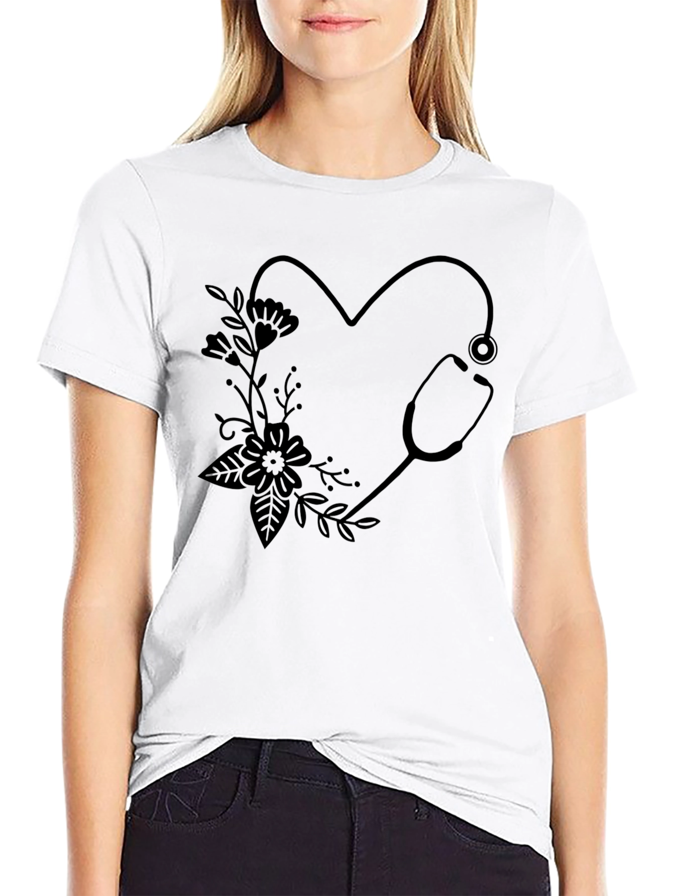Nurse Heart Stethoscope Graphic Tee - Black