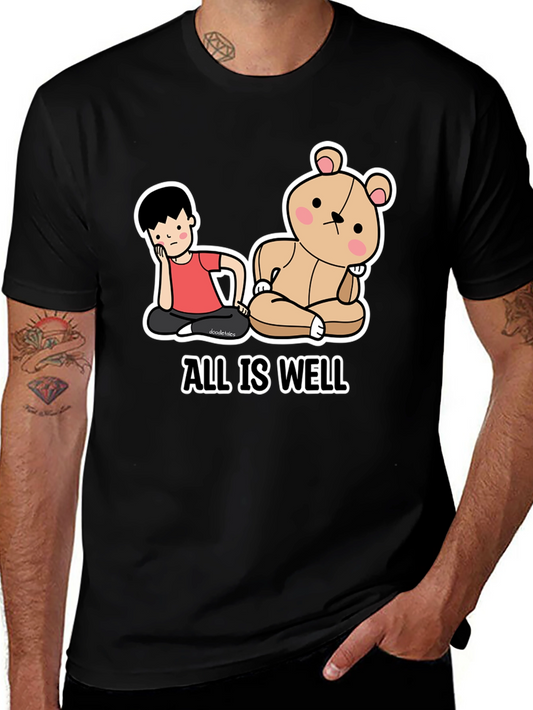 All Is Well T-Shirt: Cartoon Boy & Bear Meditating Graphic Tee
