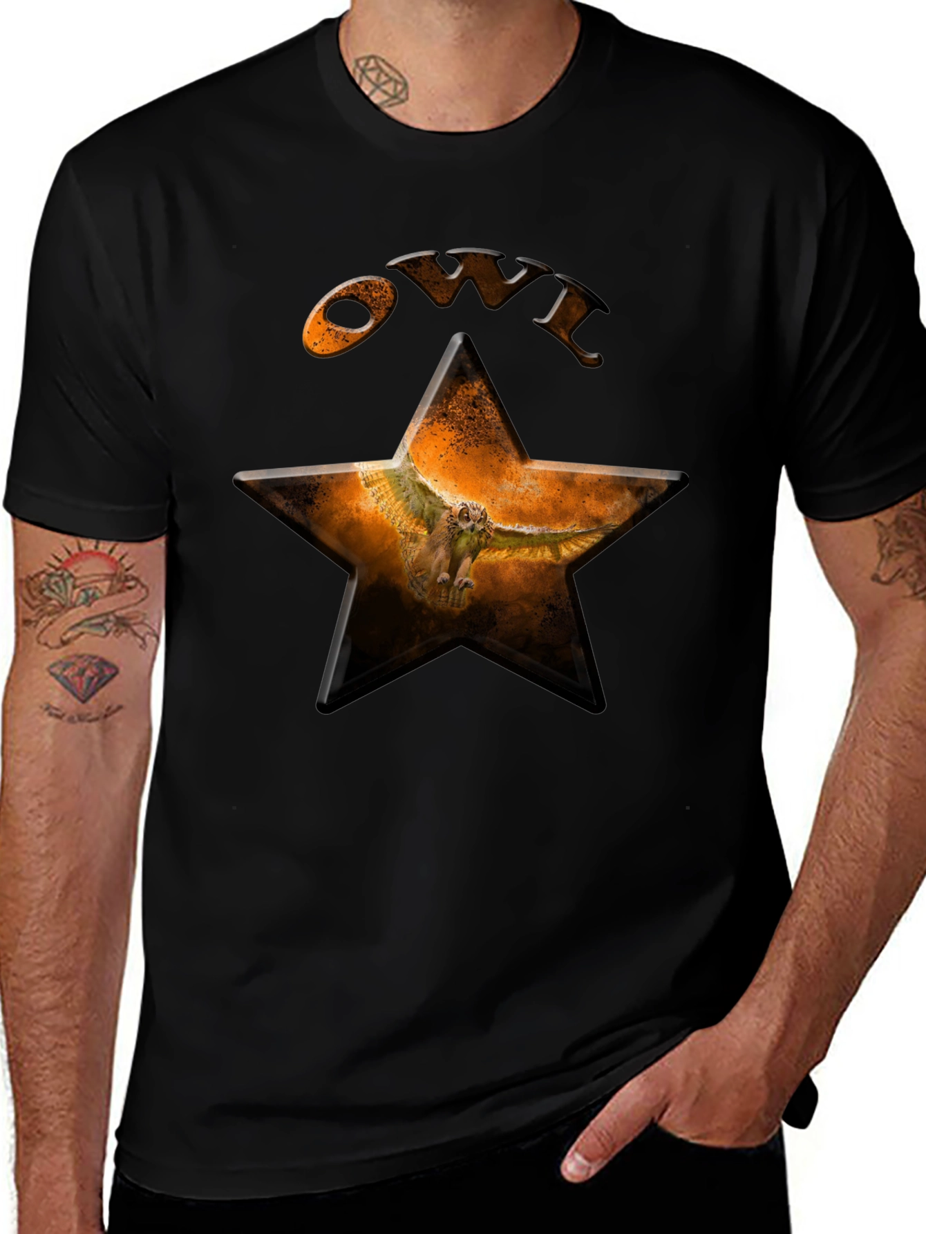 Owl Star Graphic T-Shirt - Black