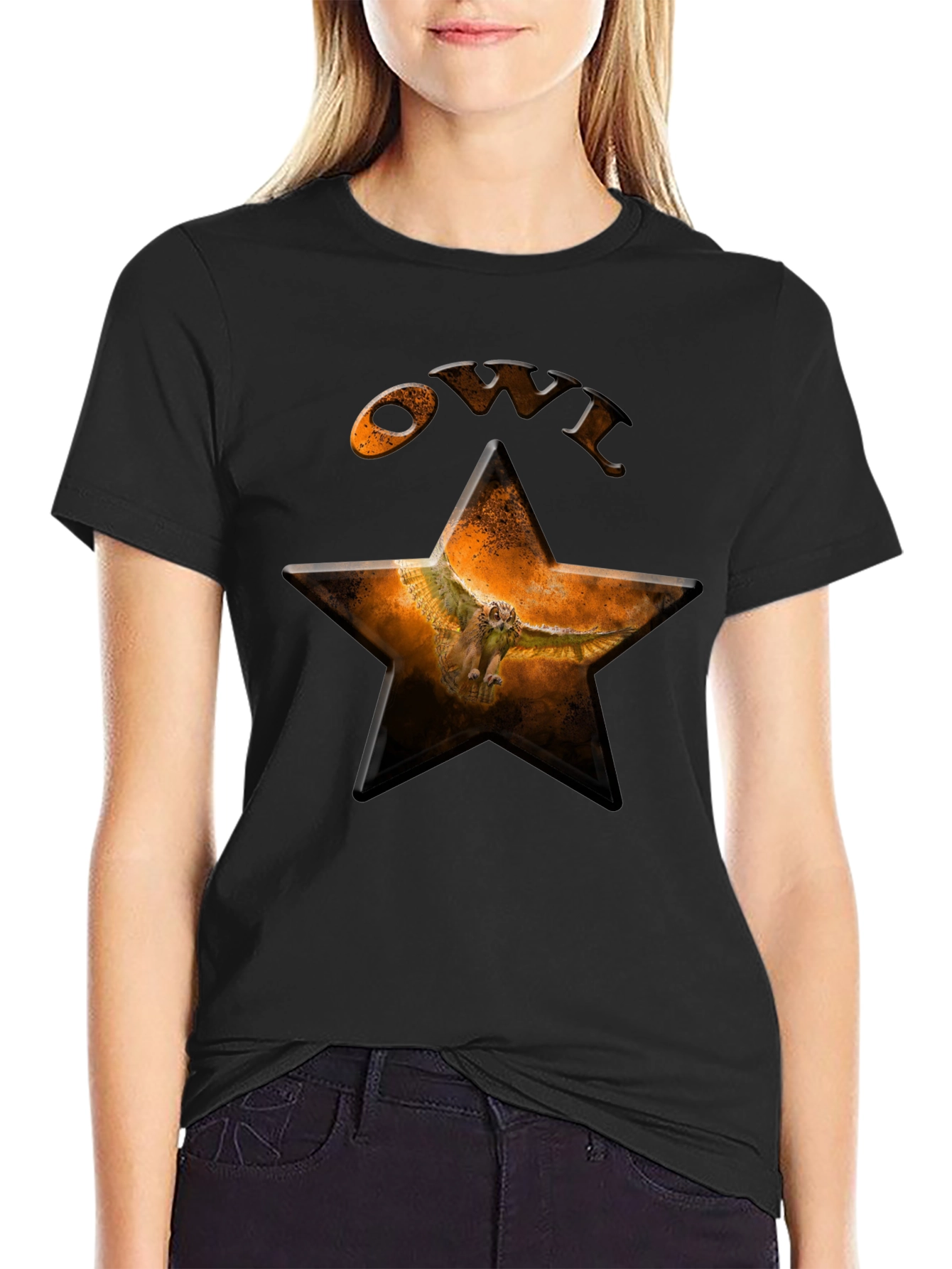 Owl Star Graphic T-Shirt - Black