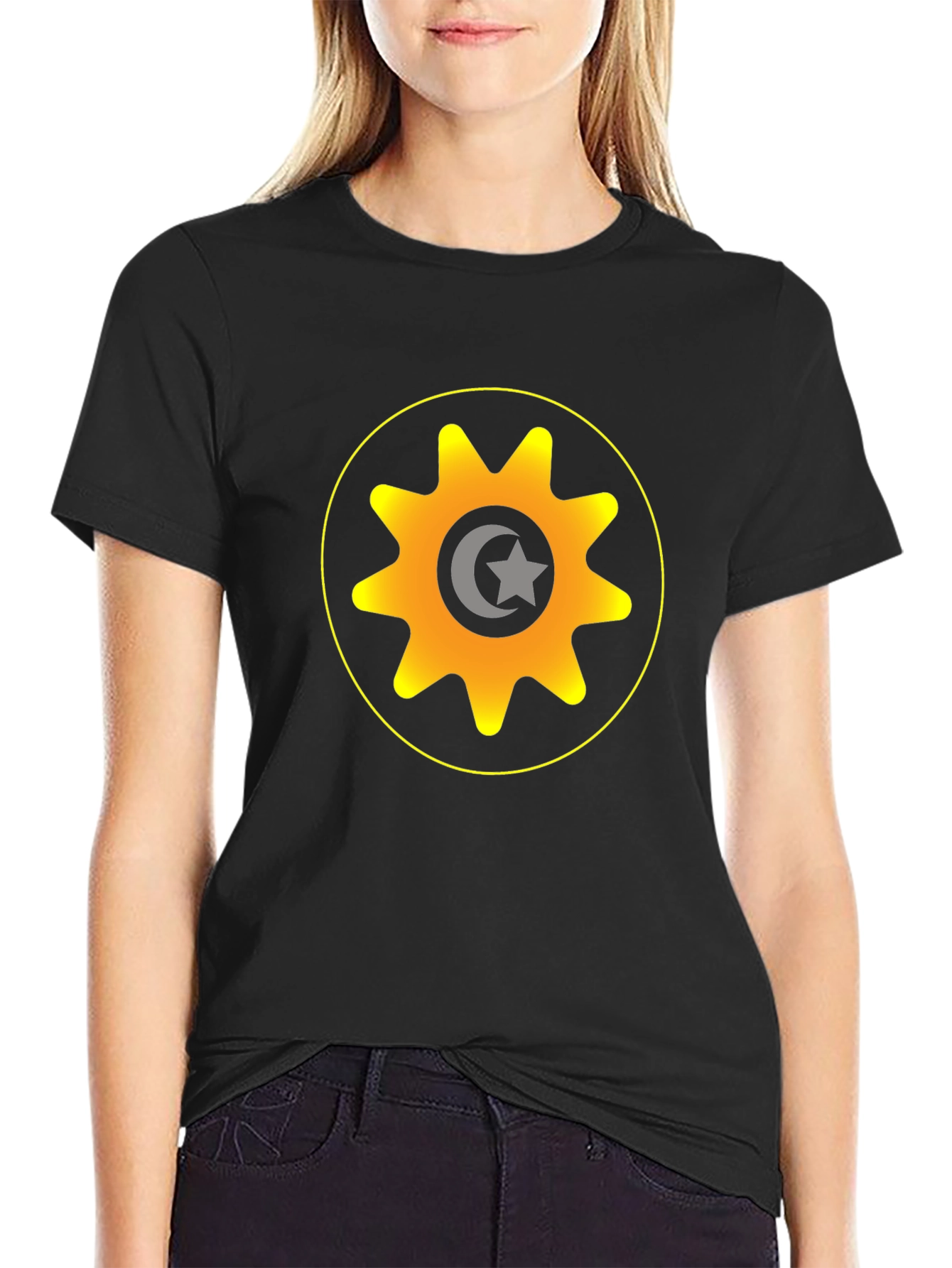 Gear & Crescent Moon Graphic Tee - Black