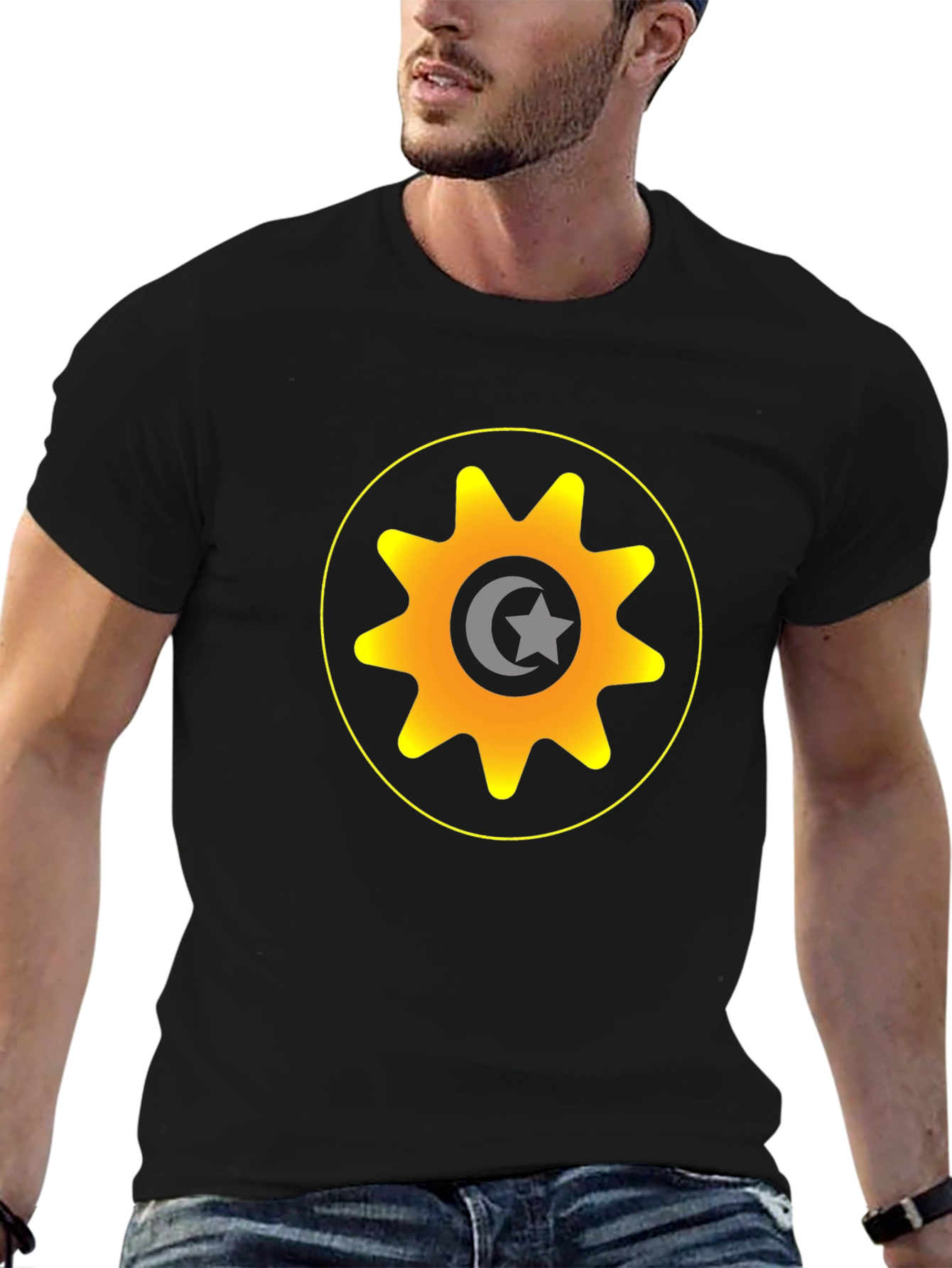 Gear & Crescent Moon Graphic Tee - Black