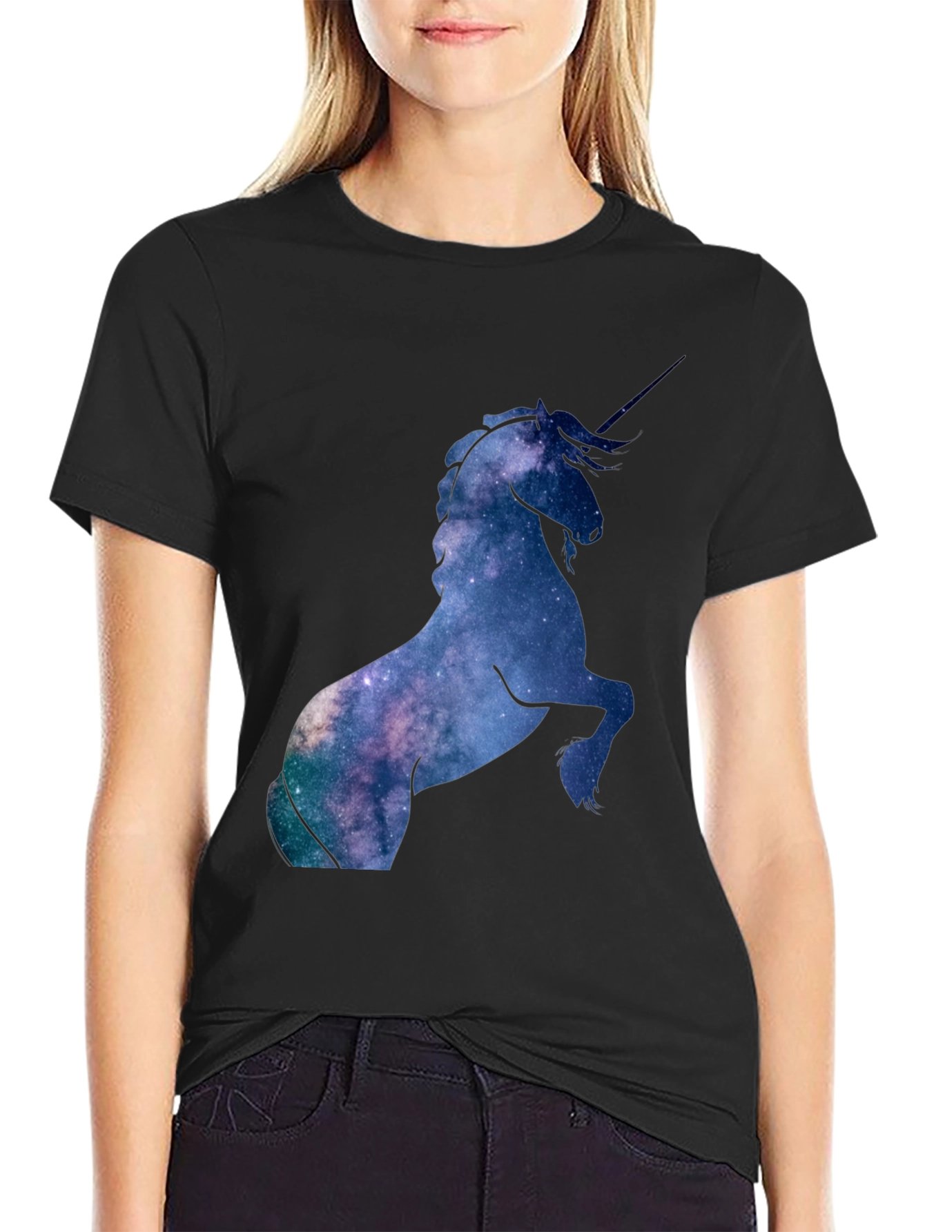 Unicorn Galaxy Print Black T-Shirt