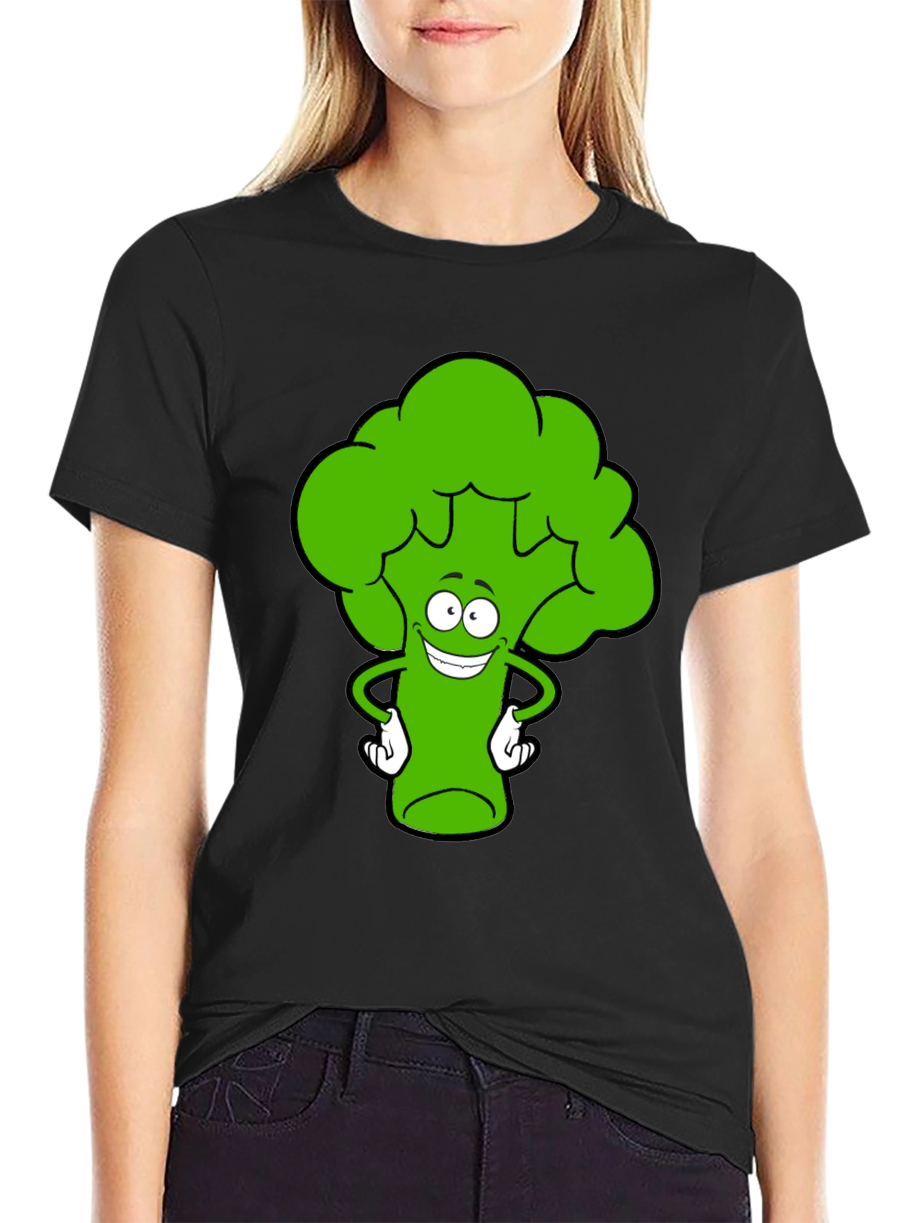 Funny Broccoli Cartoon Black T-Shirt