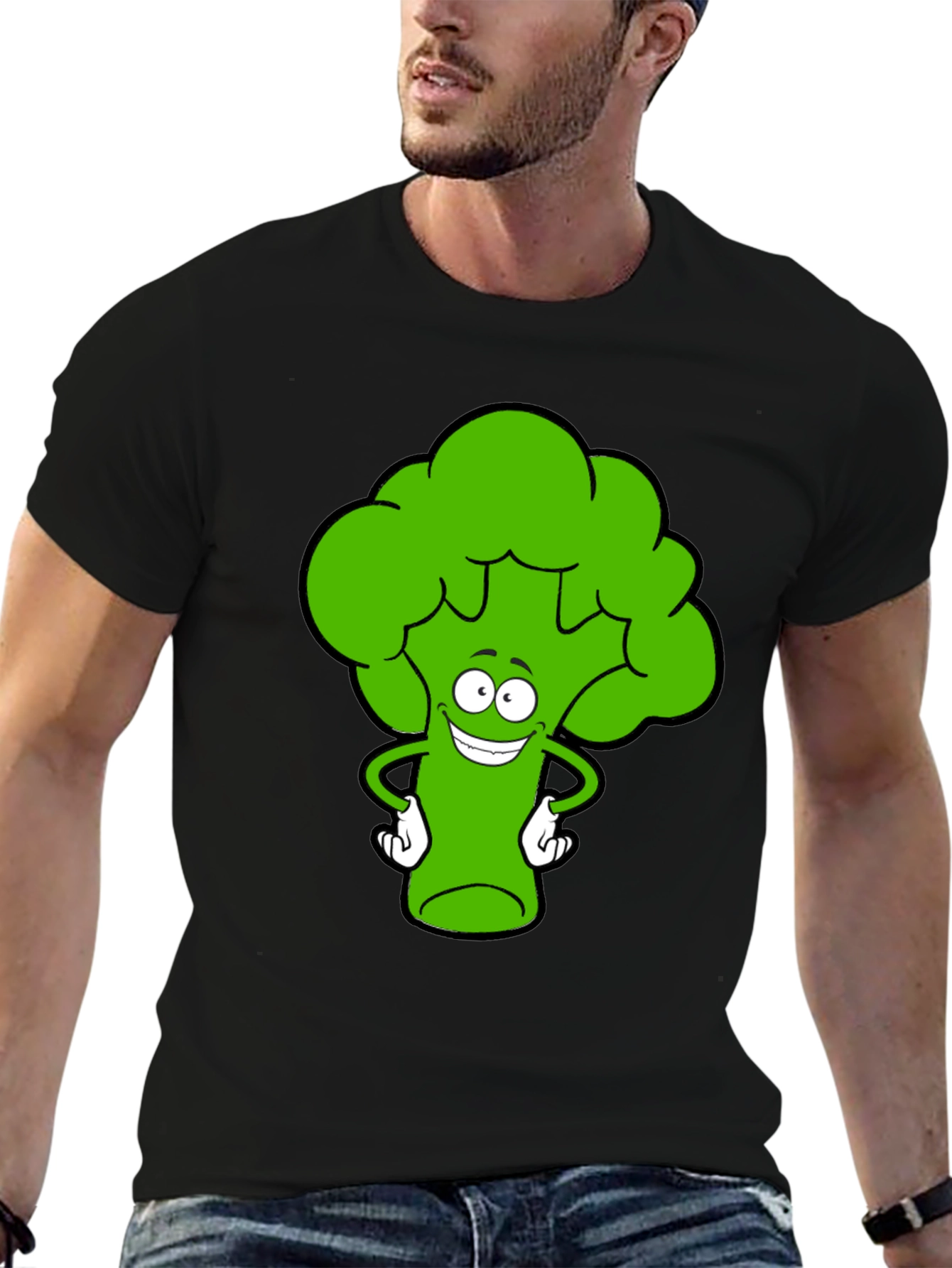 Funny Broccoli Cartoon Black T-Shirt