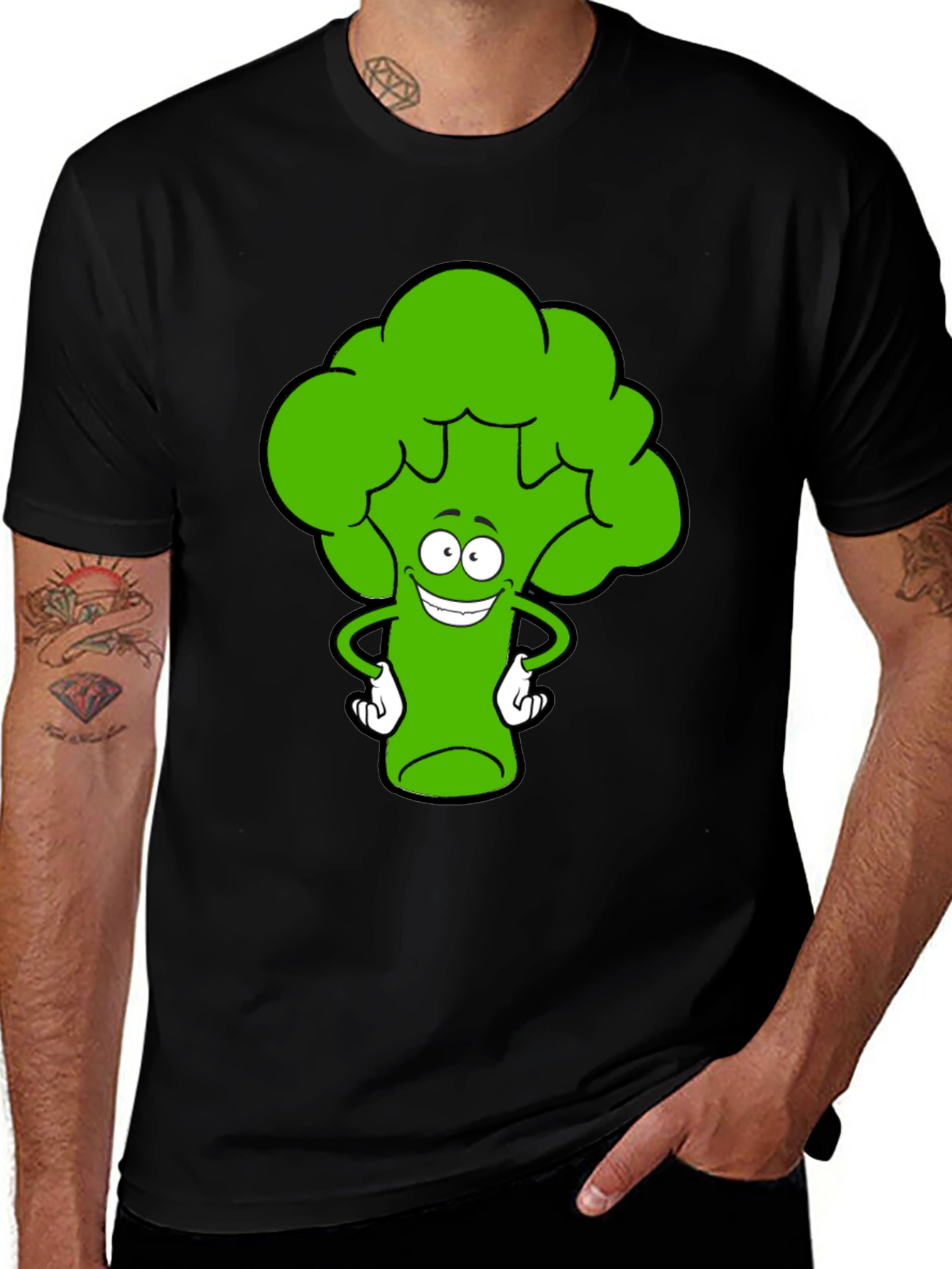 Funny Broccoli Cartoon Black T-Shirt