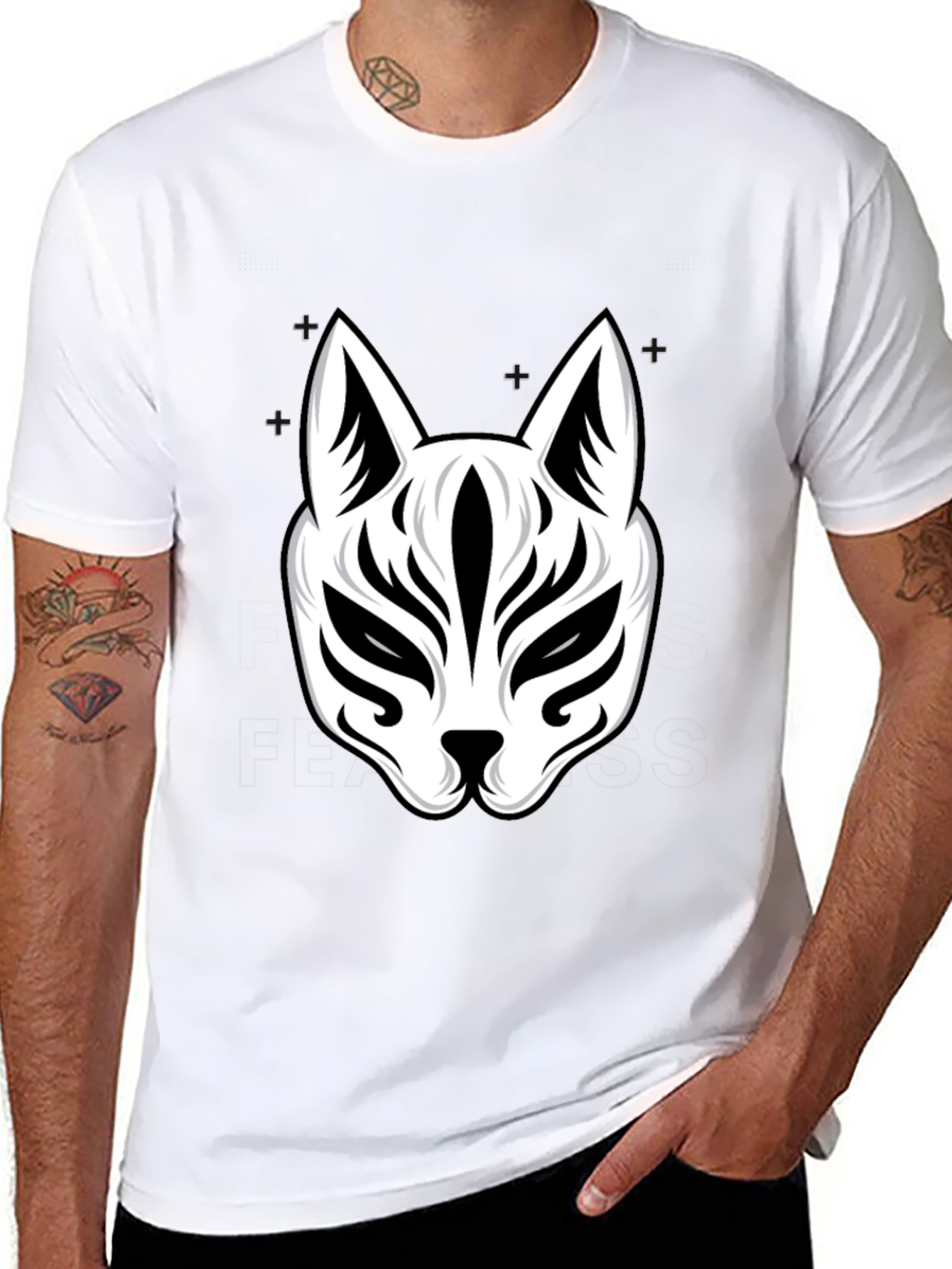 Black T-Shirt with White Kitsune Mask Graphic