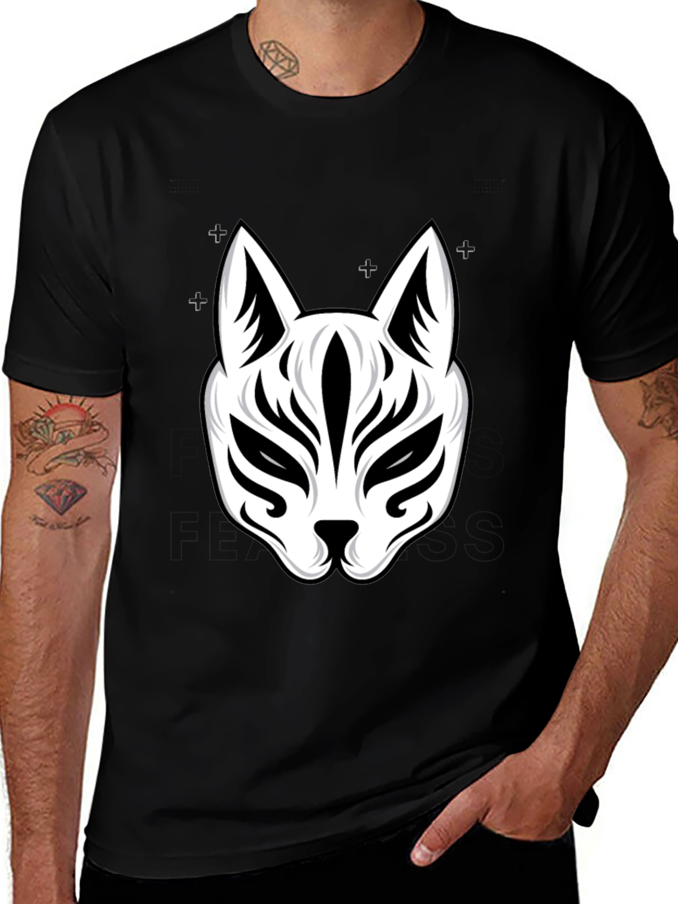 Black T-Shirt with White Kitsune Mask Graphic